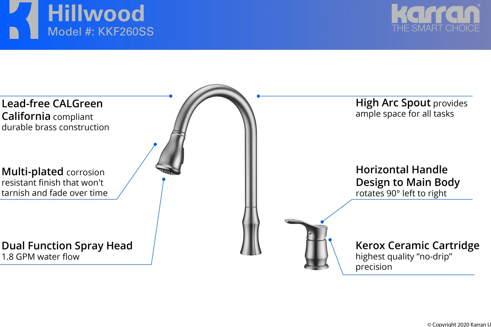 Karran Hillwood Single Lever Handle Lead-free Brass ADA Kitchen Faucet, Pull Down, Stainless Steel, KKF260SS