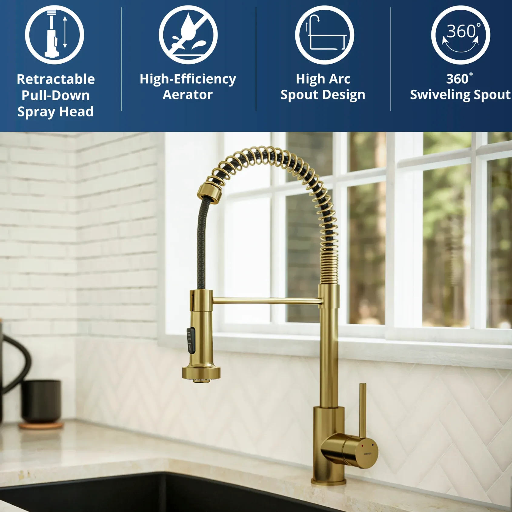 Karran Kadira 1.8 GPM Single Lever Handle Lead-free Brass ADA Kitchen Faucet, Pull-Down, Brushed Gold, KKF225BG