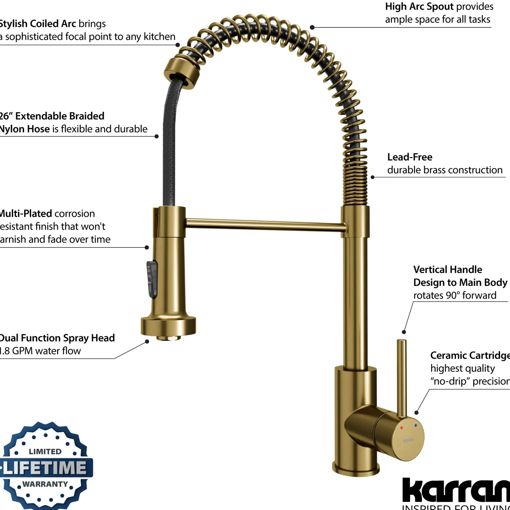 Karran Kadira 1.8 GPM Single Lever Handle Lead-free Brass ADA Kitchen Faucet, Pull-Down, Brushed Gold, KKF225BG