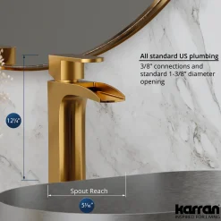 Karran Kassel 1.2 GPM Single Lever Handle Lead-free Brass ADA Bathroom Faucet, Vessel, Gold, KBF442G