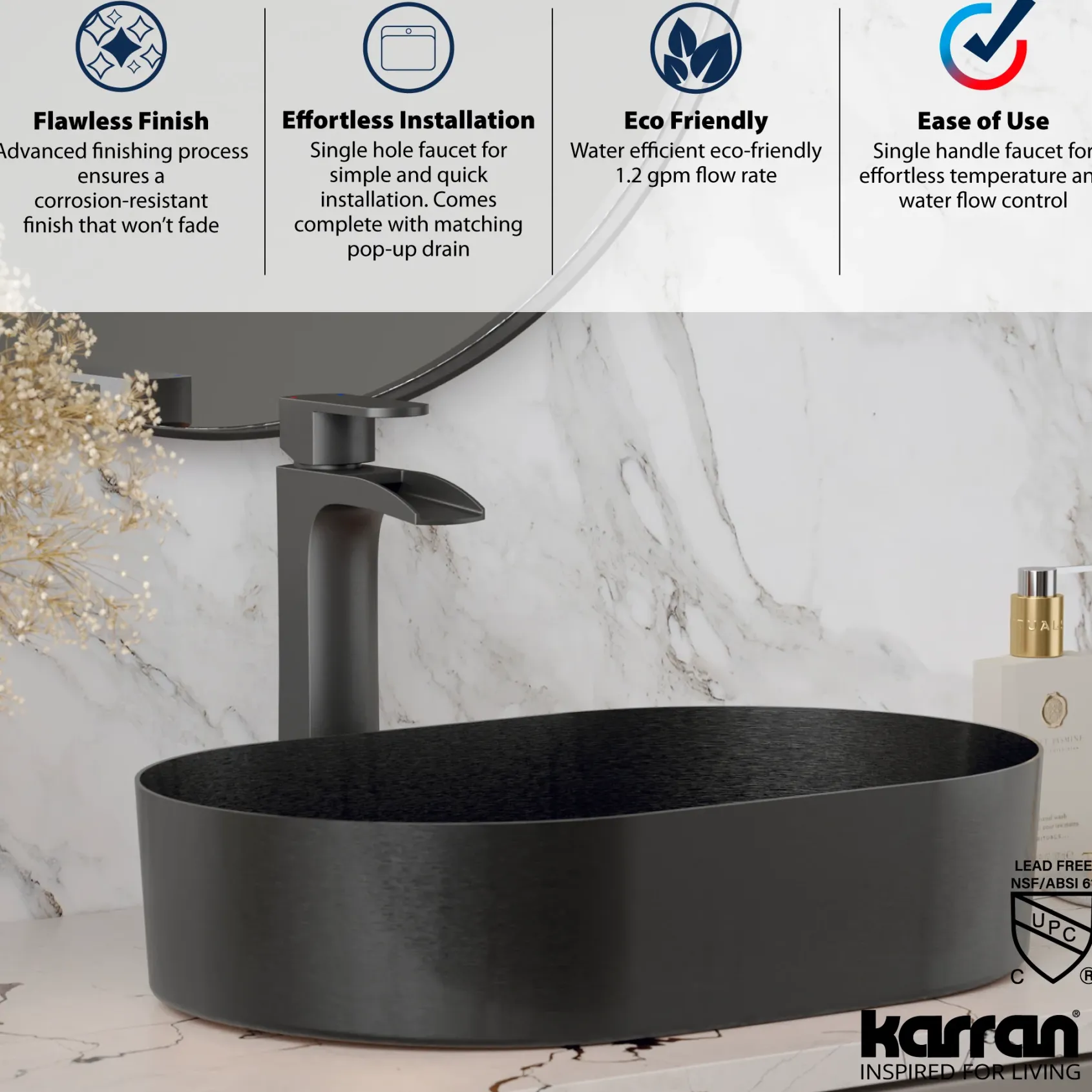 Karran Kassel 1.2 GPM Single Lever Handle Lead-free Brass ADA Bathroom Faucet, Vessel, Gunmetal Grey, KBF442GG