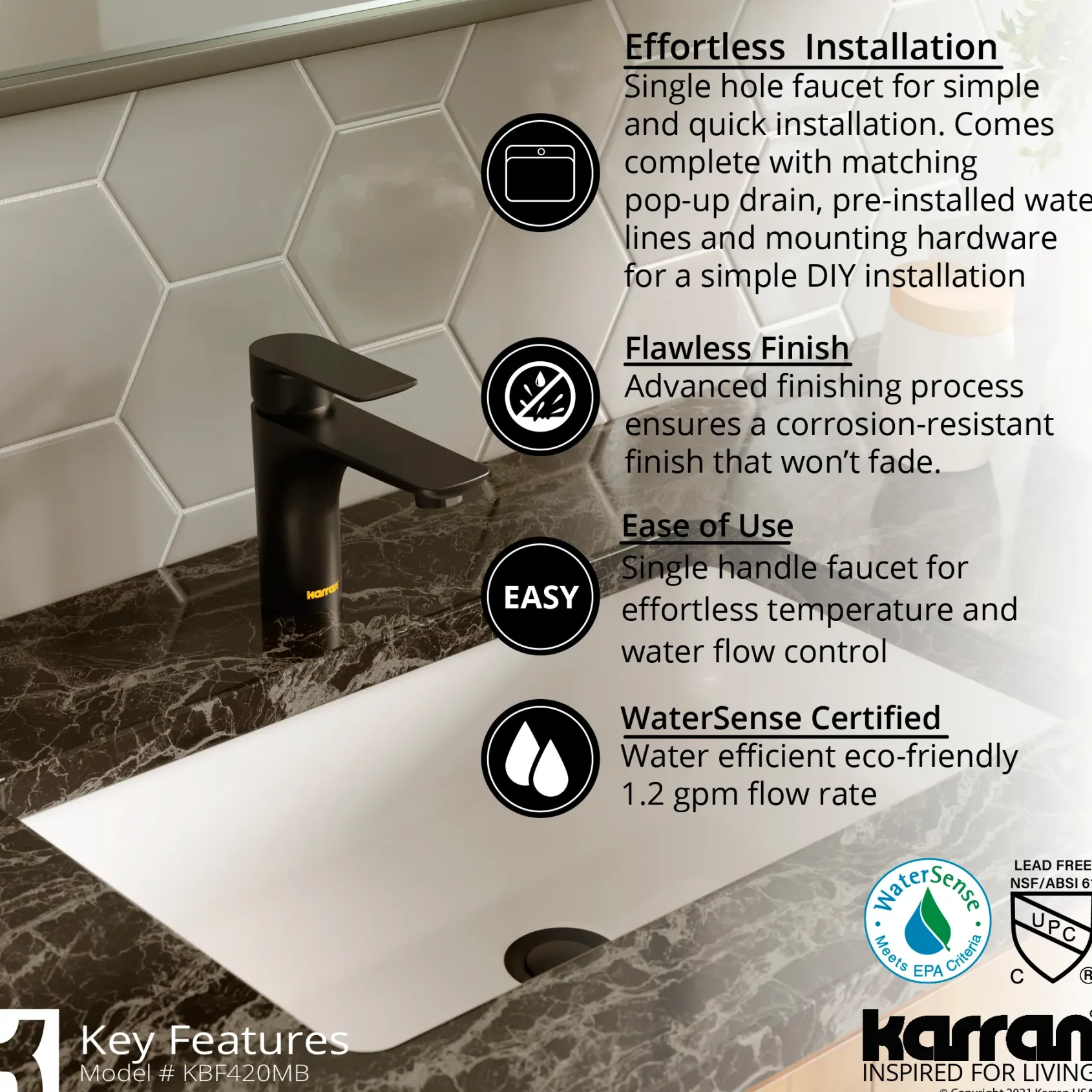 Karran Kayes 1.2 GPM Single Lever Handle Lead-free Brass ADA Bathroom Faucet, Basin, Matte Black, KBF420MB