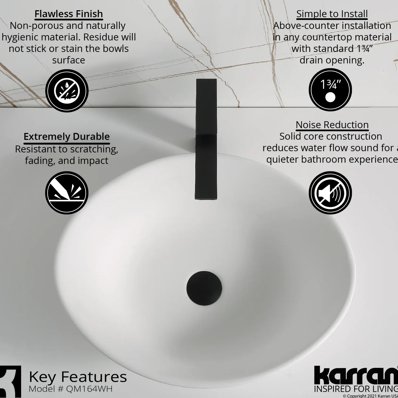 Karran Quattro 20.625" x 17" Oval Vessel Acrylic Solid Surface ADA Bathroom Sink, White, QM164WH