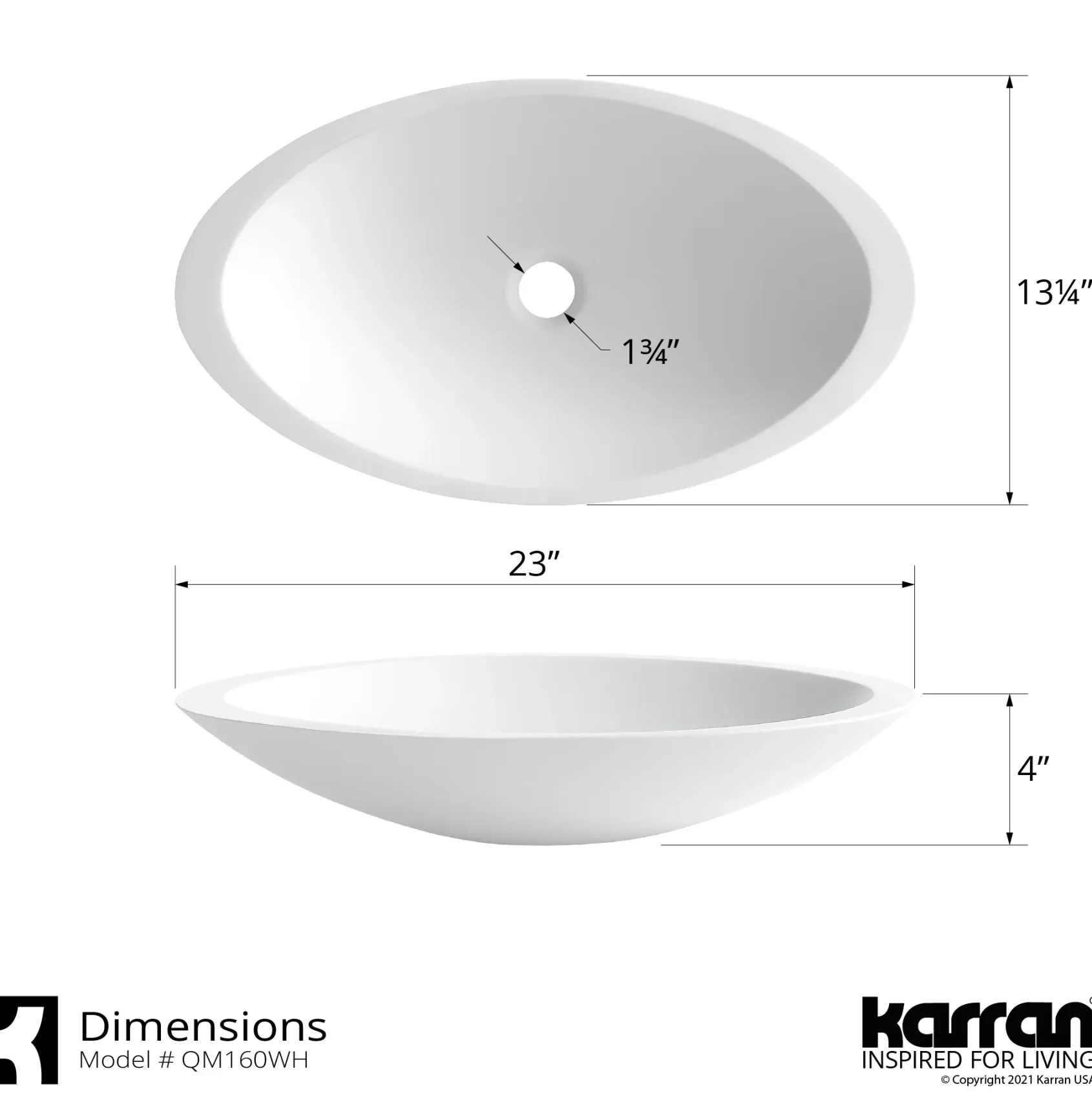 Karran Quattro 23" x 13.25" Oval Vessel Acrylic Solid Surface ADA Bathroom Sink, White, QM160WH