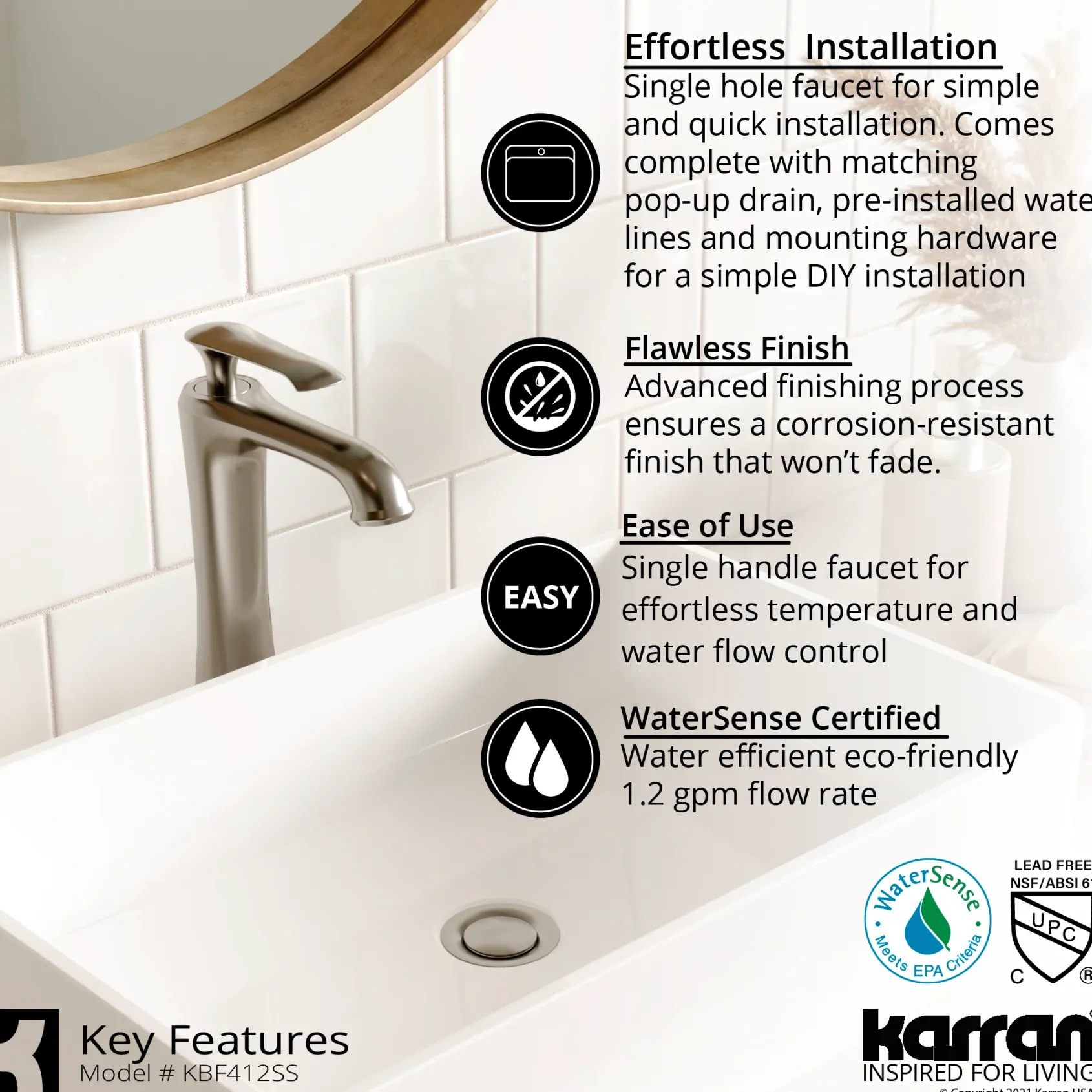 Karran Quattro 20.625" x 17" Oval Vessel Acrylic Solid Surface ADA Bathroom Sink with Stainless Steel Faucet and Accessories, White, QM164WH412SS