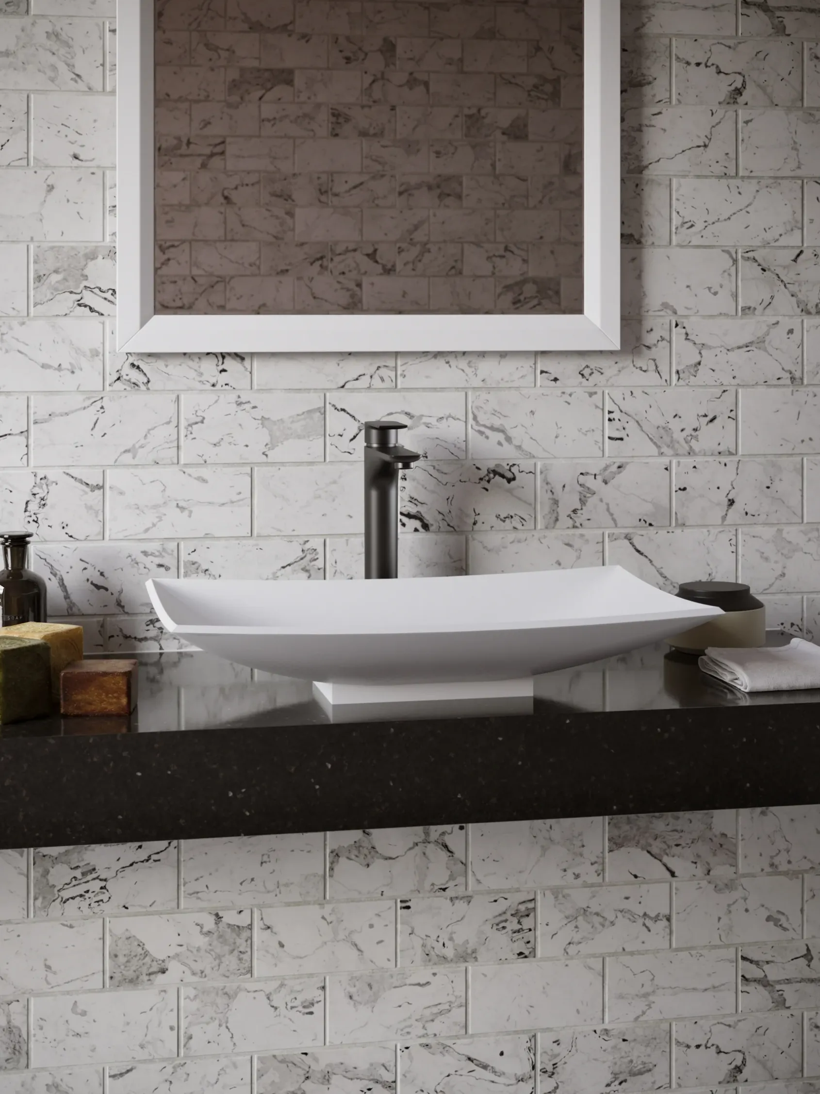 Karran Quattro 25.25" x 15.5" Rectangular Vessel Acrylic Solid Surface ADA Bathroom Sink with Matte Black Faucet and Accessories, White, QM170WH422MB