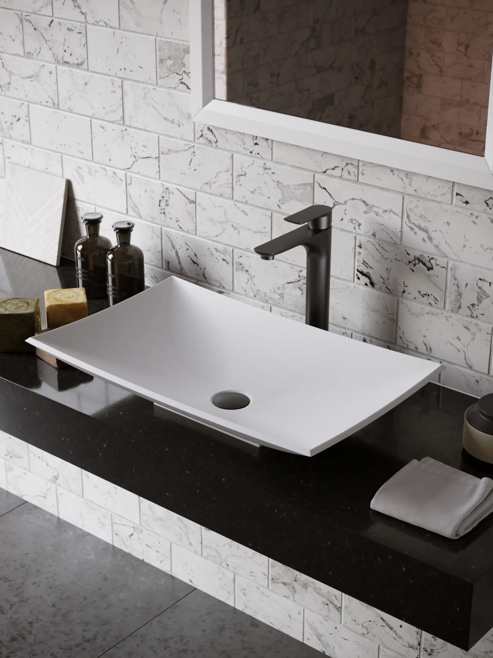 Karran Quattro 25.25" x 15.5" Rectangular Vessel Acrylic Solid Surface ADA Bathroom Sink with Matte Black Faucet and Accessories, White, QM170WH422MB