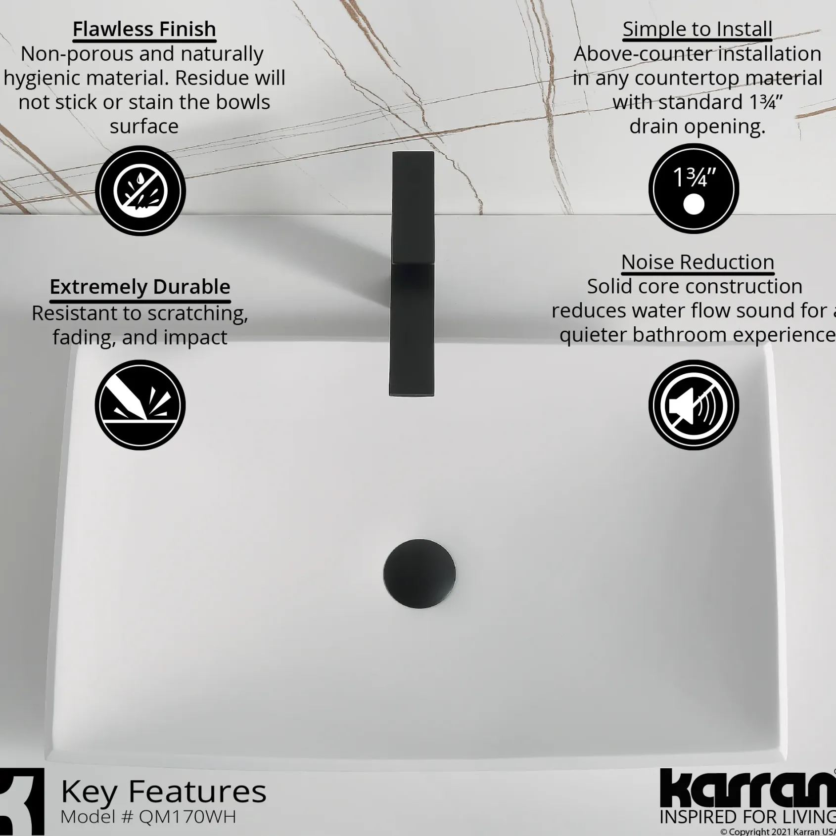 Karran Quattro 25.25" x 15.5" Rectangular Vessel Acrylic Solid Surface ADA Bathroom Sink with Matte Black Faucet and Accessories, White, QM170WH422MB