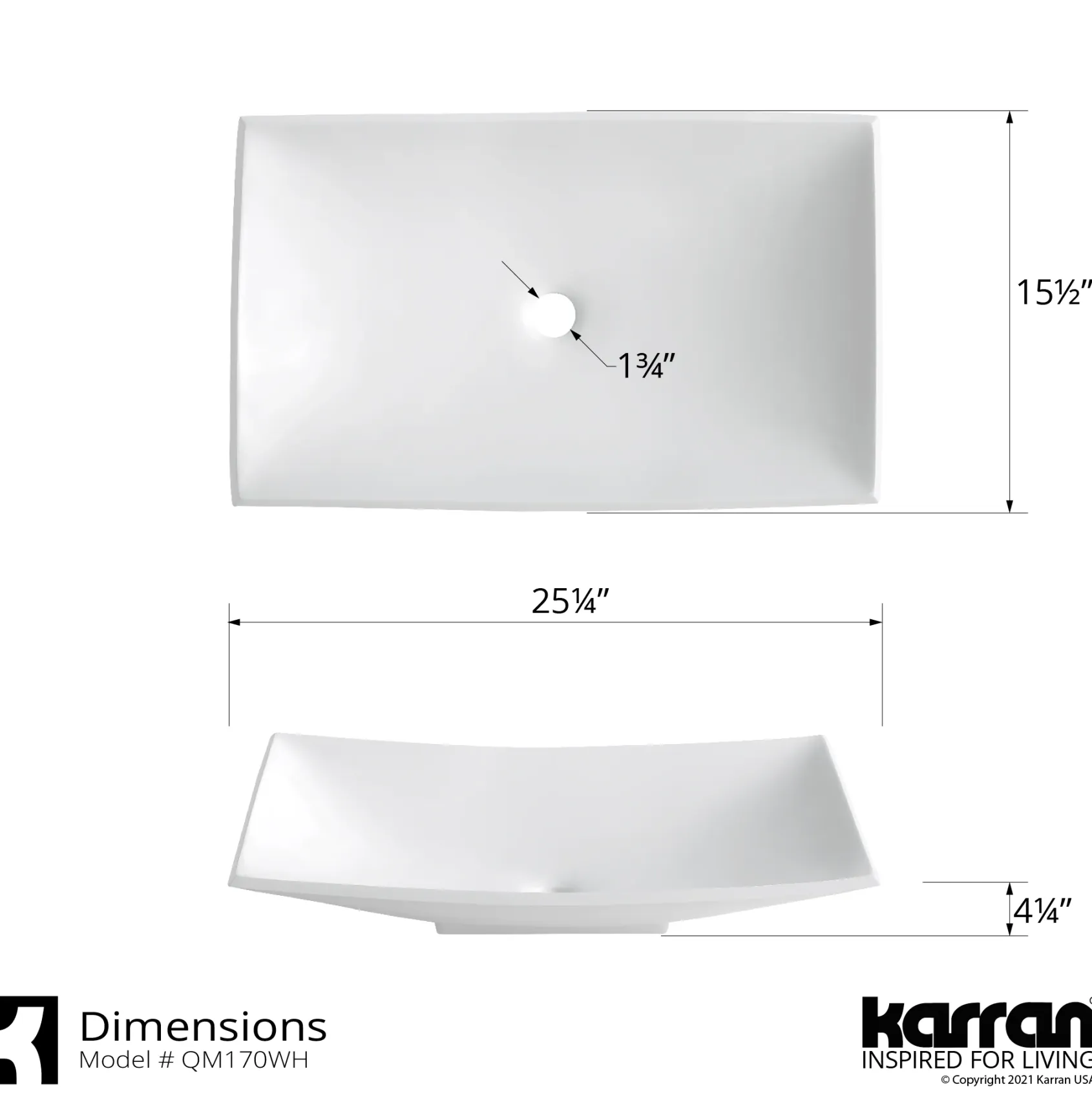 Karran Quattro 25.25" x 15.5" Rectangular Vessel Acrylic Solid Surface ADA Bathroom Sink with Matte Black Faucet and Accessories, White, QM170WH422MB