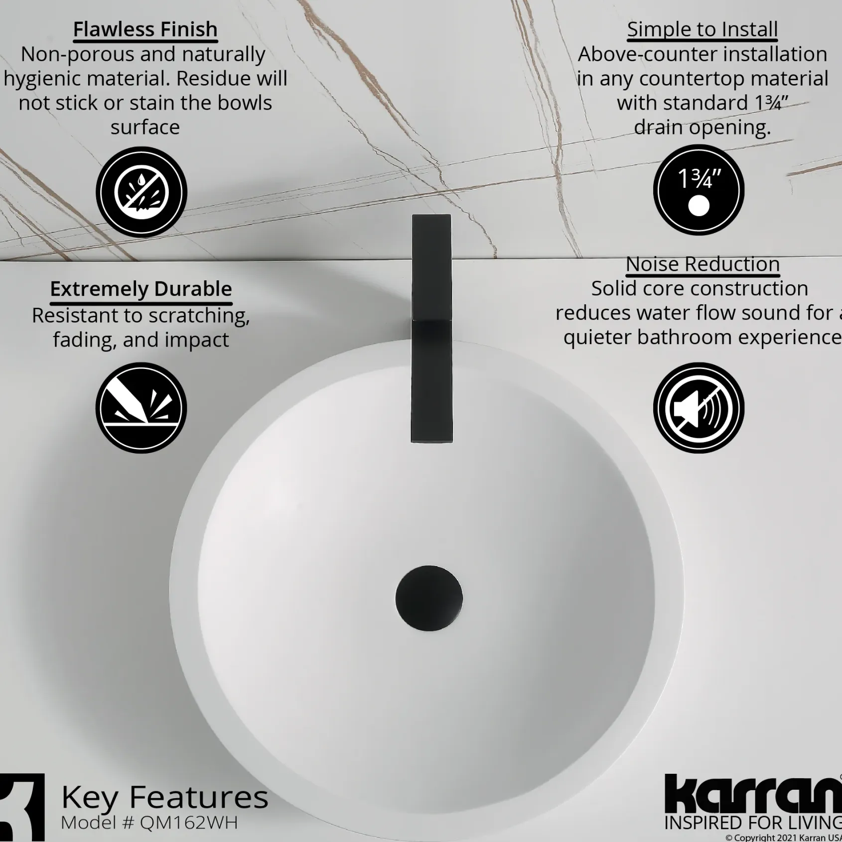 Karran Quattro 19.25" x 19.25" Round Vessel Acrylic Solid Surface ADA Bathroom Sink with Matte Black Faucet and Accessories, White, QM162WH412MB