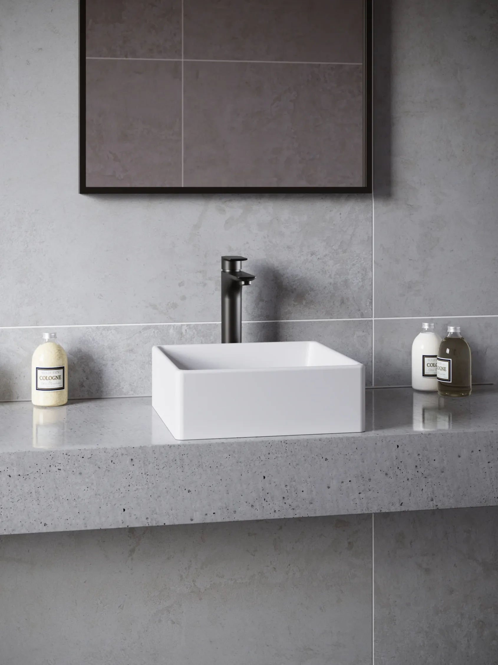 Karran Quattro 14.5" x 14.5" Square Vessel Acrylic Solid Surface ADA Bathroom Sink with Matte Black Faucet and Accessories, White, QM174WH422MB
