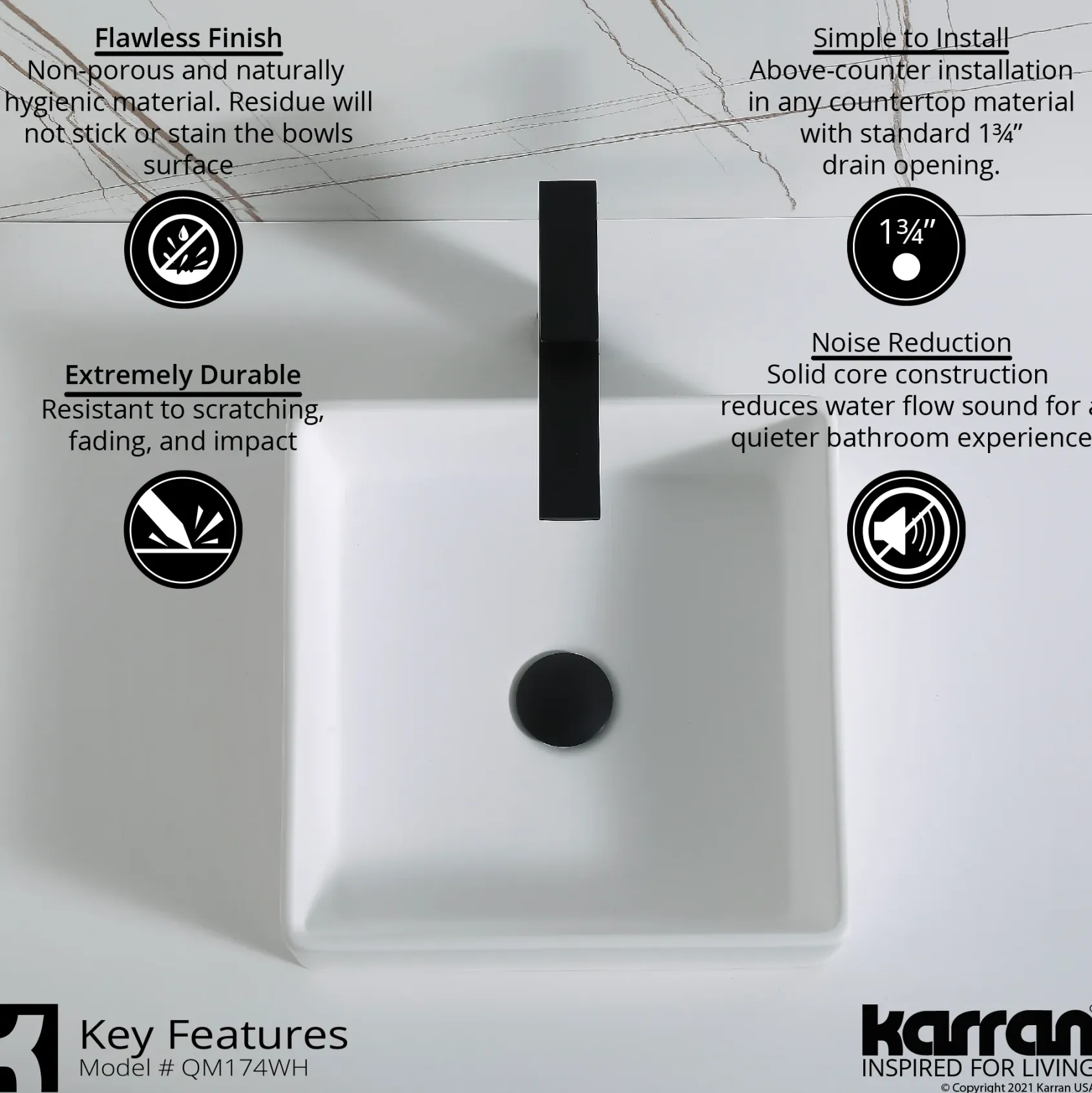 Karran Quattro 14.5" x 14.5" Square Vessel Acrylic Solid Surface ADA Bathroom Sink with Matte Black Faucet and Accessories, White, QM174WH422MB