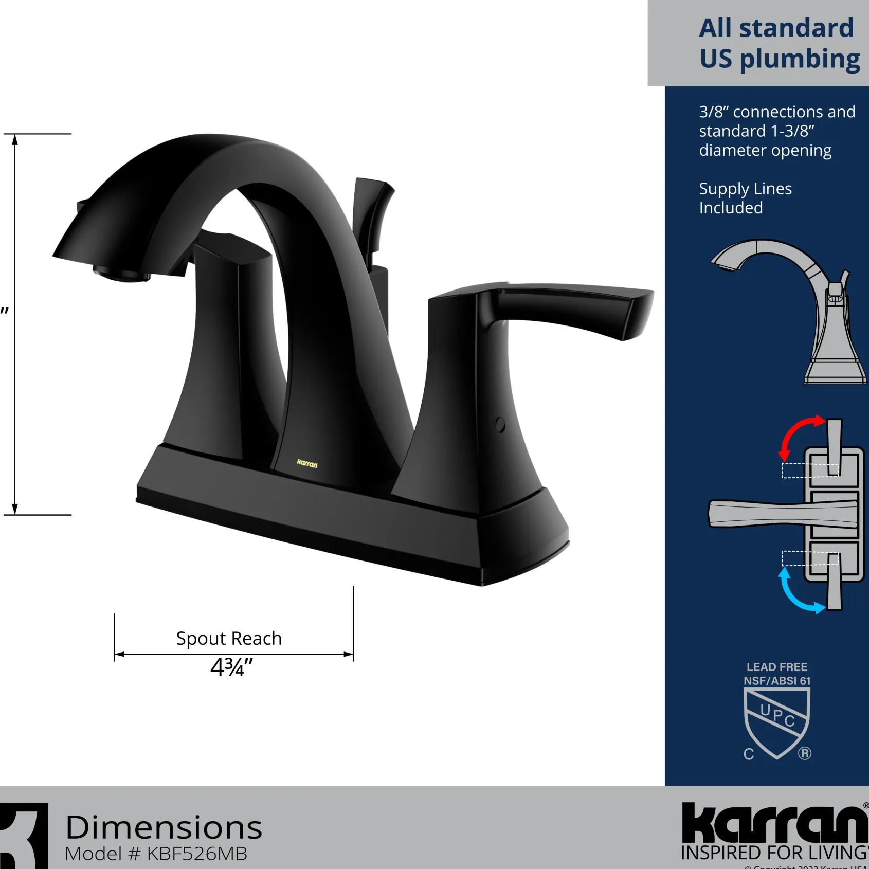 Karran Randburg 1.2 GPM Double Lever Handle Lead-free Brass ADA Bathroom Faucet, Centerset, Matte Black, KBF526MB