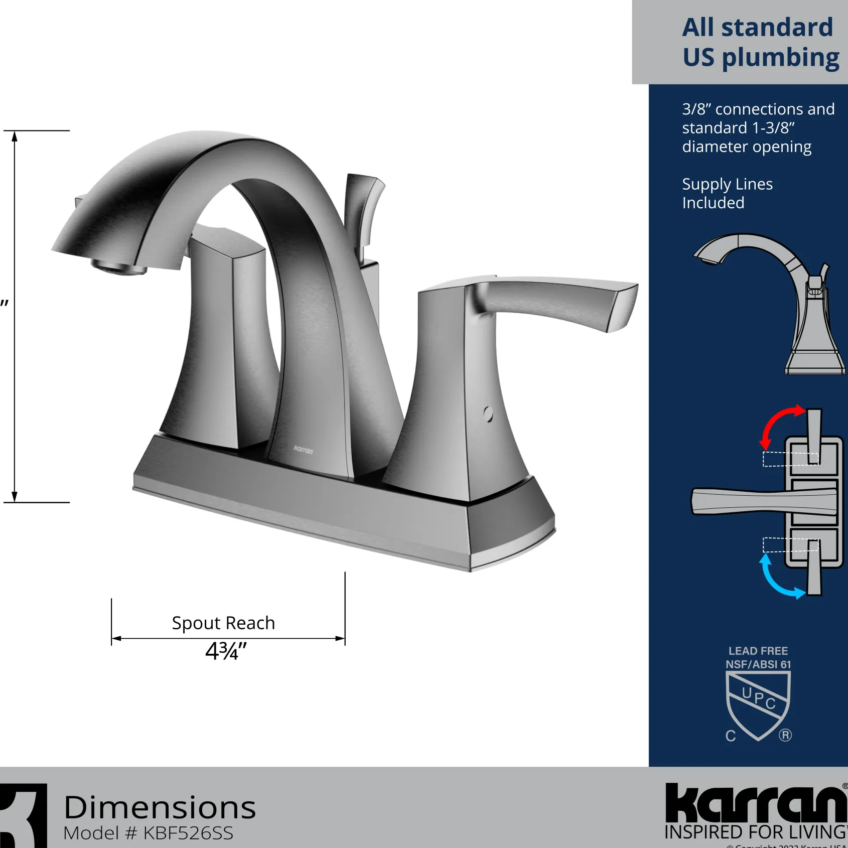 Karran Randburg 1.2 GPM Double Lever Handle Lead-free Brass ADA Bathroom Faucet, Centerset, Stainless Steel, KBF526SS