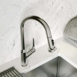 Karran Scottsdale 1.8 GPM Single Lever Handle Lead-free Brass ADA Kitchen Faucet, Pull-Down, Spot Free Stainless Steel, KKF250SFSS