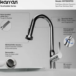 Karran Scottsdale 1.8 GPM Single Lever Handle Lead-free Brass ADA Kitchen Faucet, Pull-Down, Spot Free Stainless Steel, KKF250SFSS