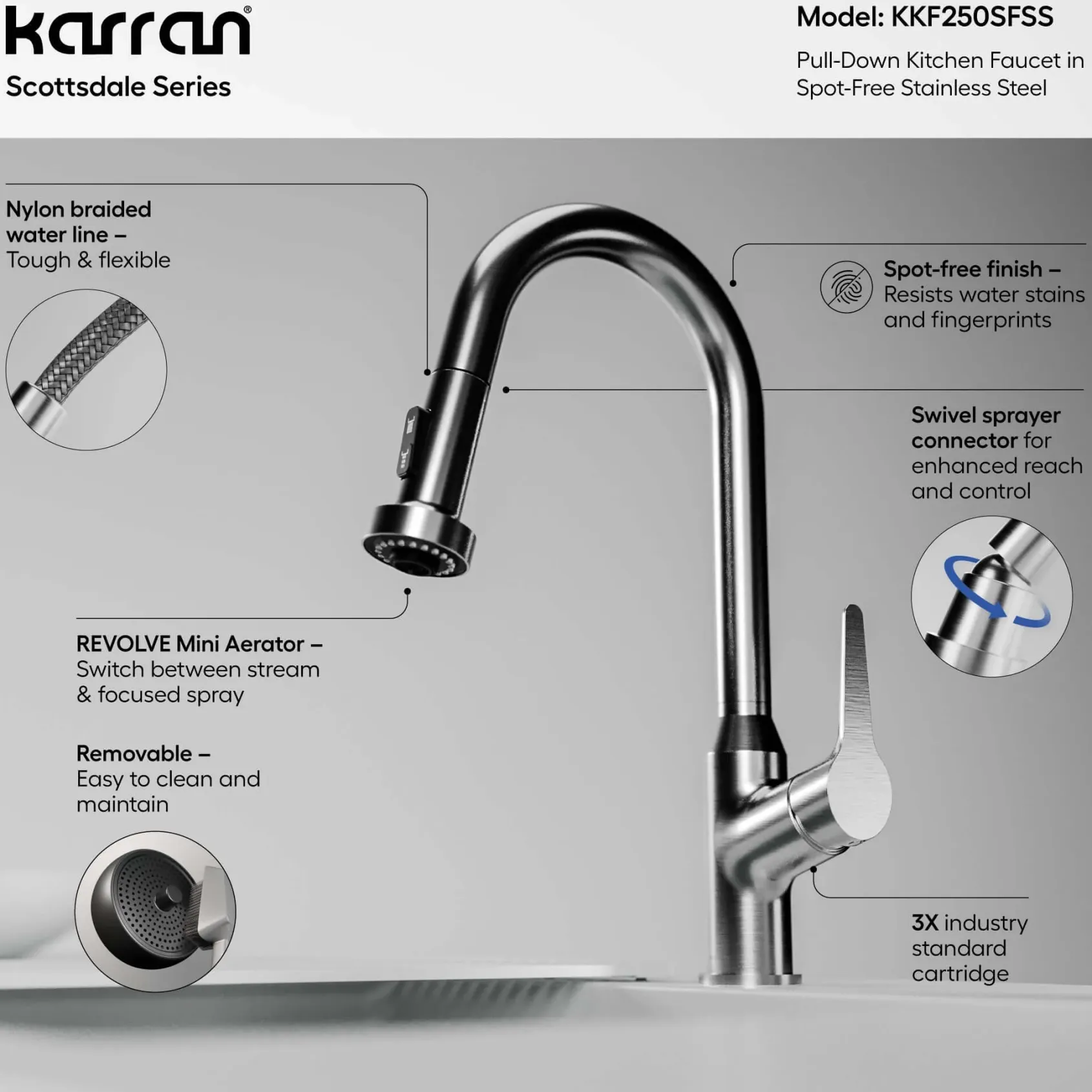 Karran Scottsdale 1.8 GPM Single Lever Handle Lead-free Brass ADA Kitchen Faucet, Pull-Down, Spot Free Stainless Steel, KKF250SFSS
