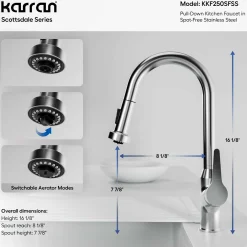 Karran Scottsdale 1.8 GPM Single Lever Handle Lead-free Brass ADA Kitchen Faucet, Pull-Down, Spot Free Stainless Steel, KKF250SFSS