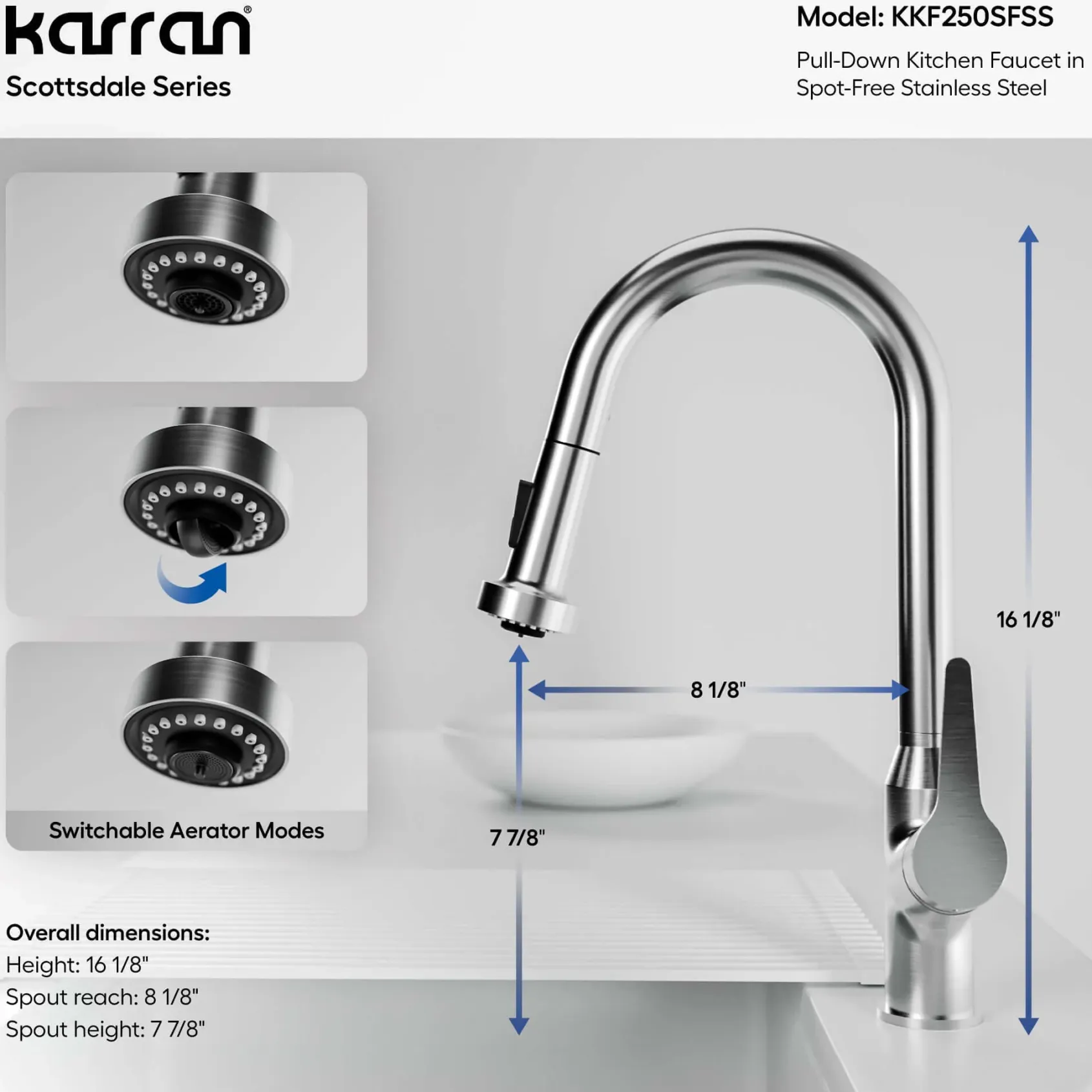 Karran Scottsdale 1.8 GPM Single Lever Handle Lead-free Brass ADA Kitchen Faucet, Pull-Down, Spot Free Stainless Steel, KKF250SFSS