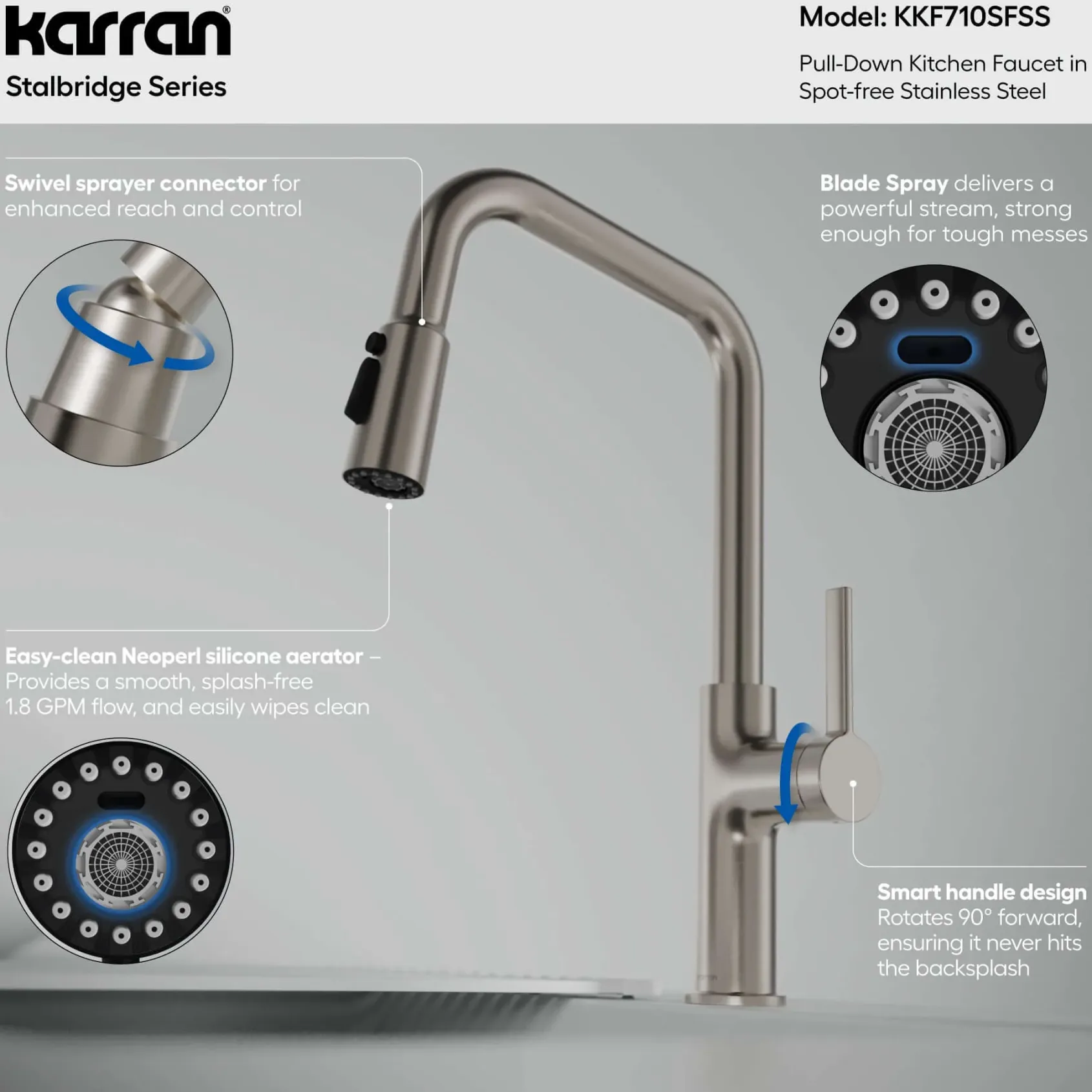 Karran Stalbridge 1.8 GPM Single Lever Lead-free Brass ADA Kitchen Faucet, Pull-Down, Spot Free Stainless Steel, KKF710SFSS