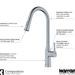 Karran Standerton 1.8 GPM Single Lever Handle Lead-free Brass ADA Kitchen Faucet, Pull-Down Kitchen, Stainless Steel, KKF140SS
