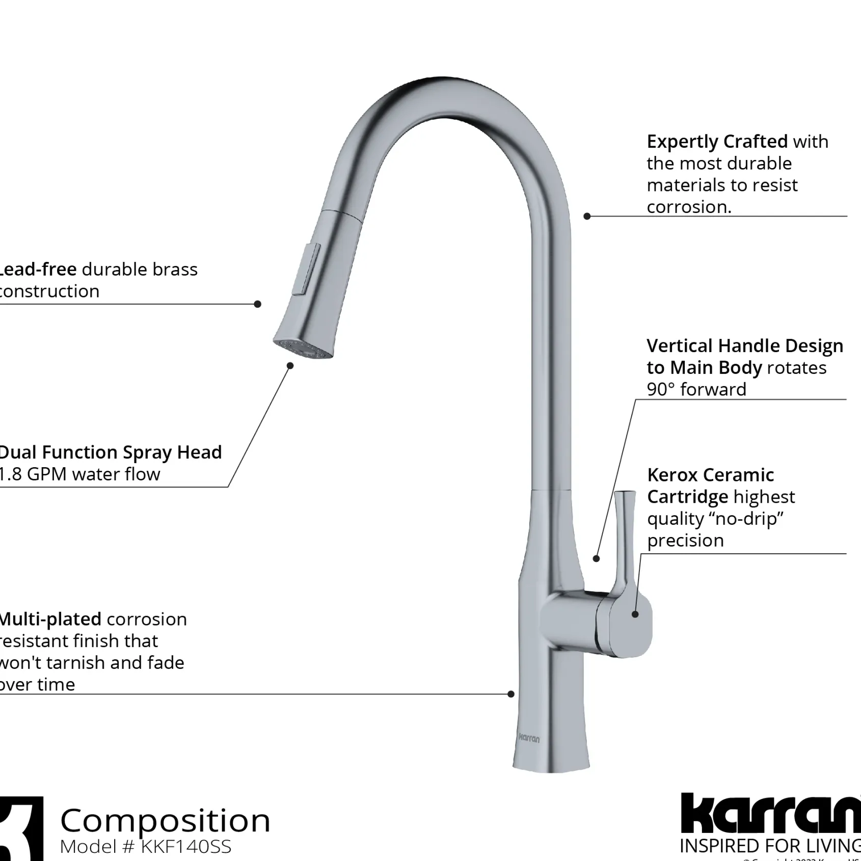 Karran Standerton 1.8 GPM Single Lever Handle Lead-free Brass ADA Kitchen Faucet, Pull-Down Kitchen, Stainless Steel, KKF140SS