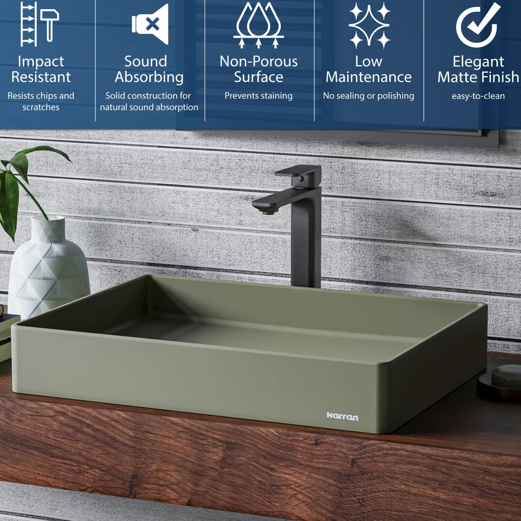 Karran Sternhagen 17.75" x 23.625" Rectangular Vessel Quartz Composite ADA Bathroom Sink, Sage Green, SQS500SG