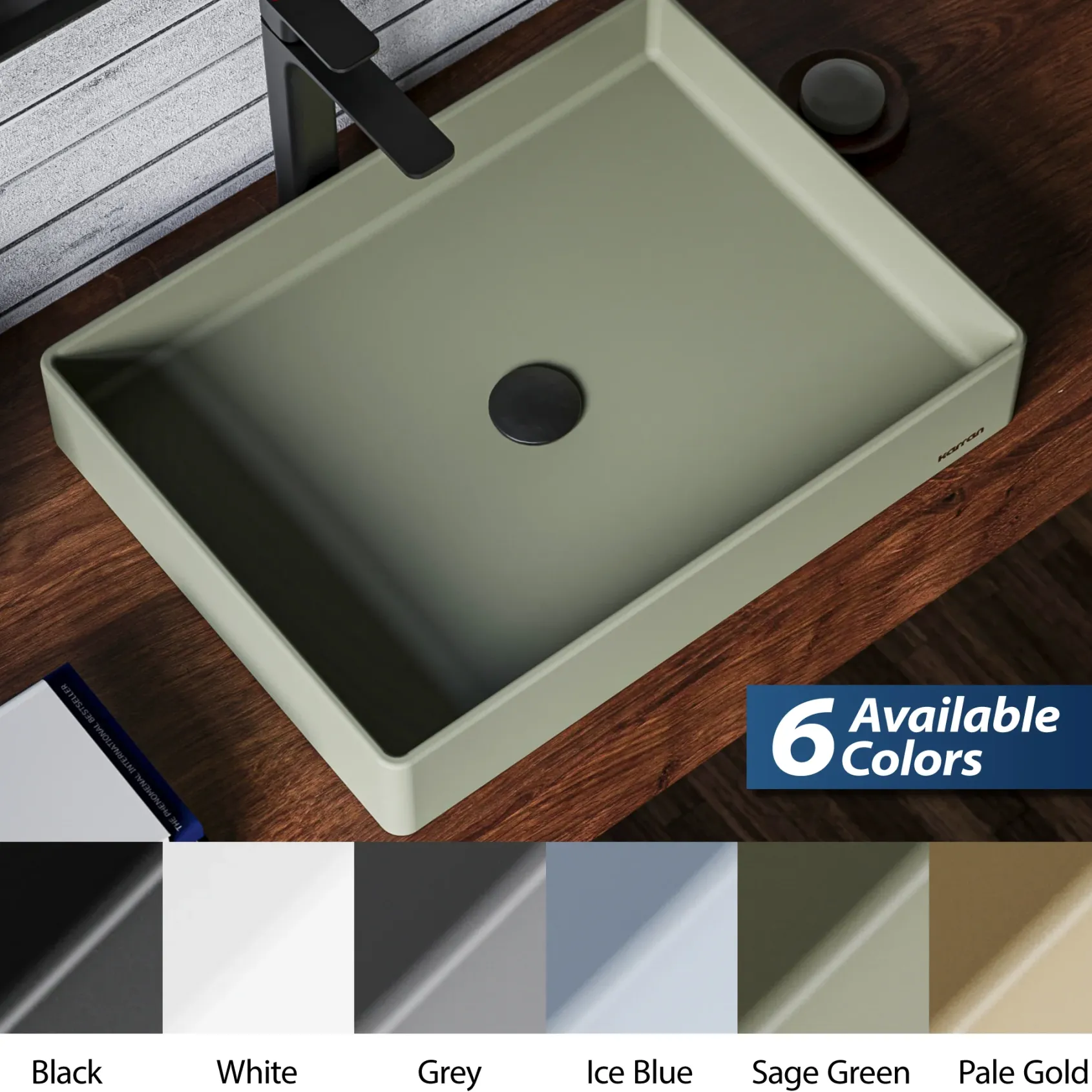 Karran Sternhagen 17.75" x 23.625" Rectangular Vessel Quartz Composite ADA Bathroom Sink, Sage Green, SQS500SG