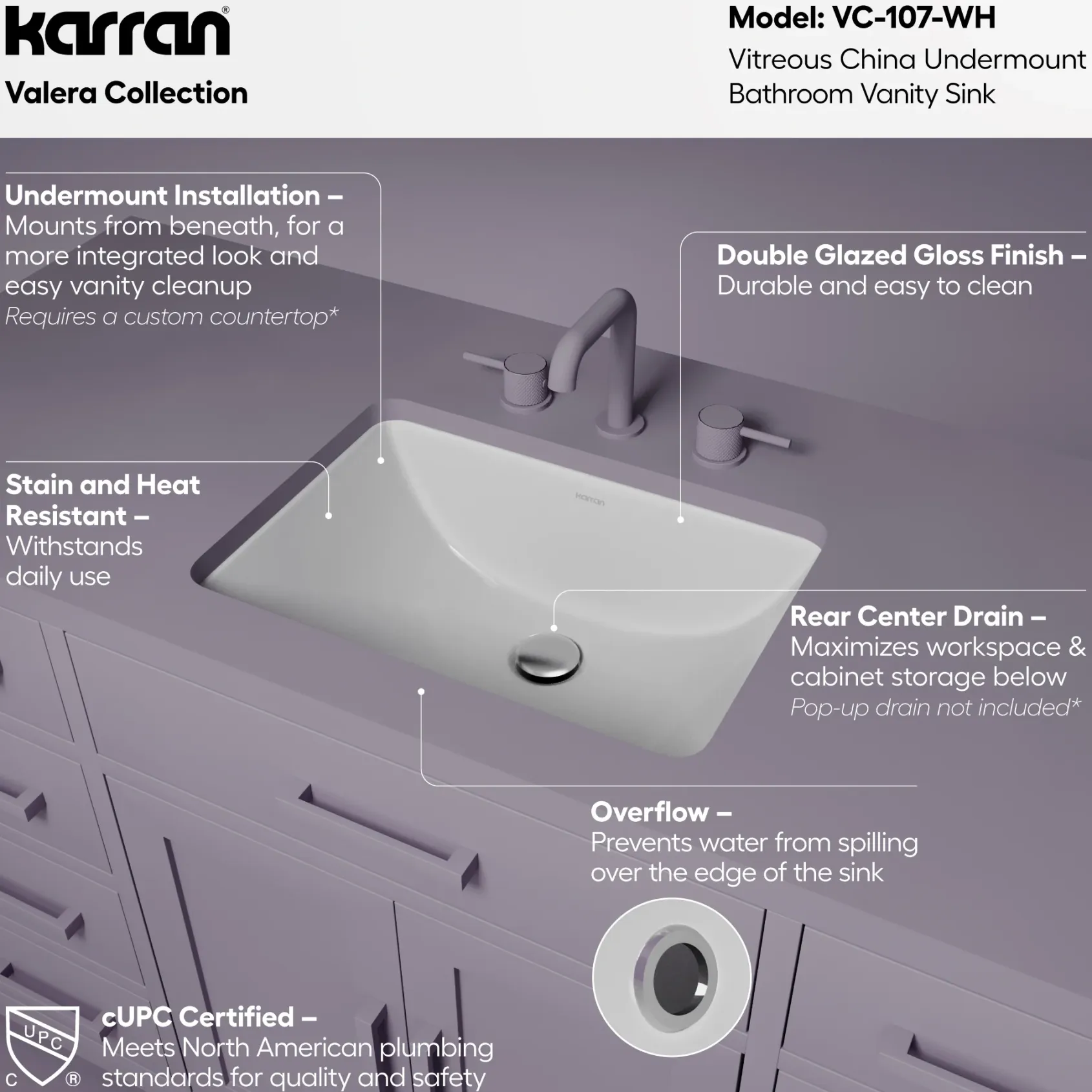 Karran Valera 15.375" x 20.5" Rectangular Undermount Vitreous China Bathroom Sink, White, VC-107-WH