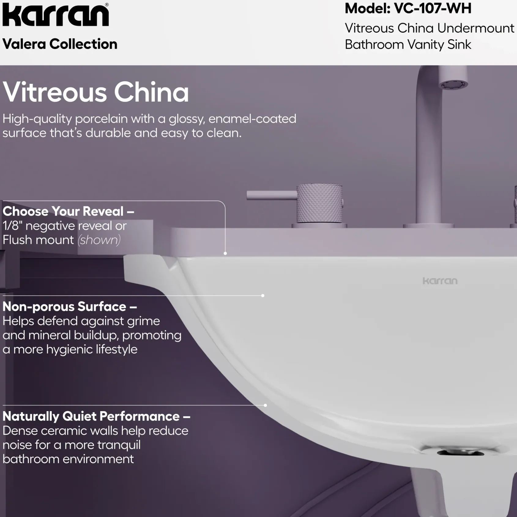 Karran Valera 15.375" x 20.5" Rectangular Undermount Vitreous China Bathroom Sink, White, VC-107-WH