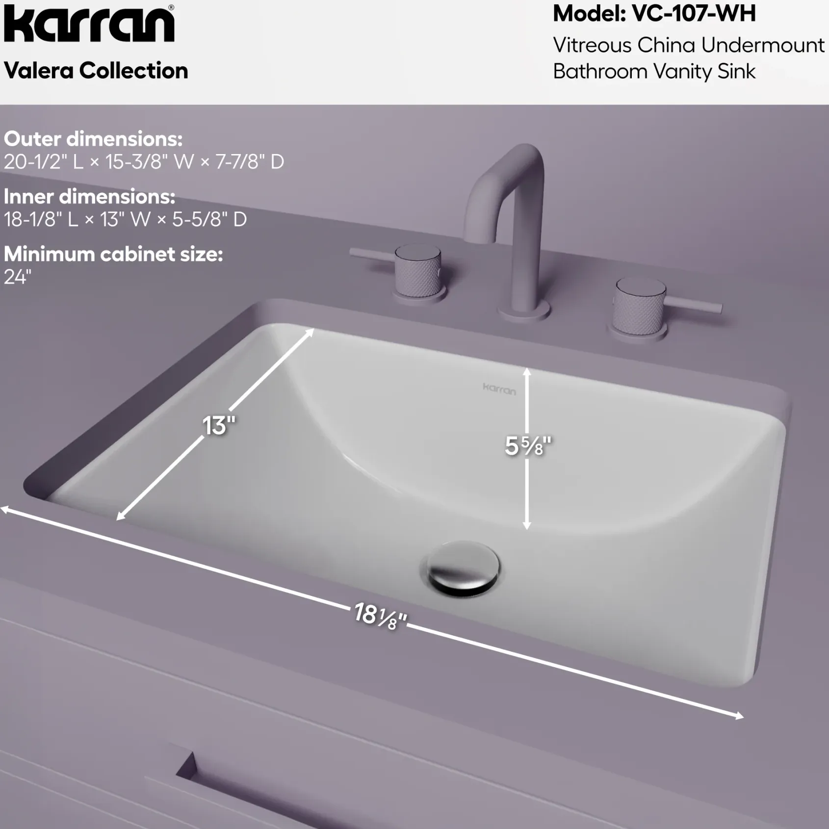 Karran Valera 15.375" x 20.5" Rectangular Undermount Vitreous China Bathroom Sink, White, VC-107-WH