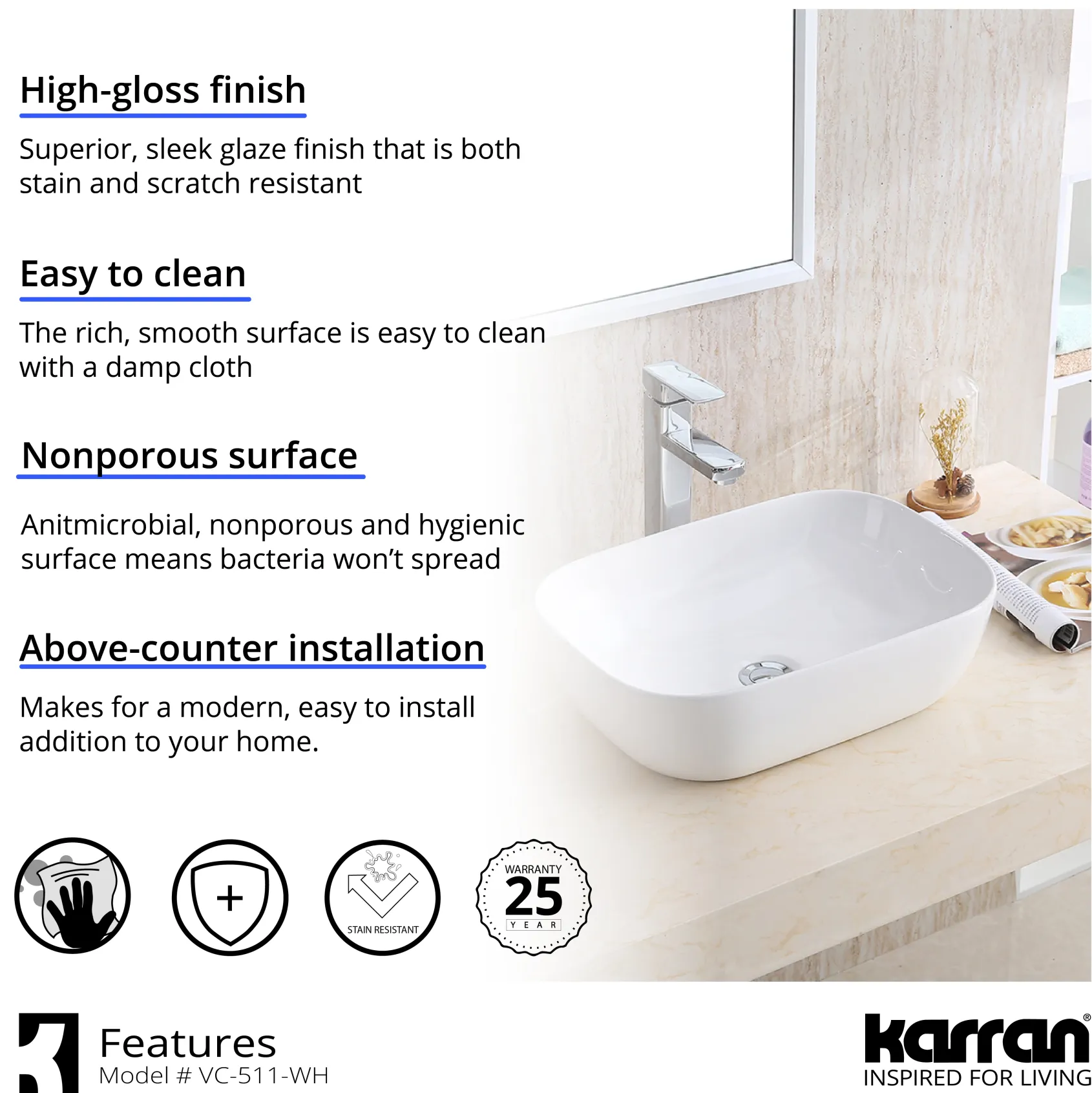 Karran Valera 19.875" x 15.75" x 4.5" Rectangular Vessel Vitreous China ADA Bathroom Sink, White, VC-511-WH
