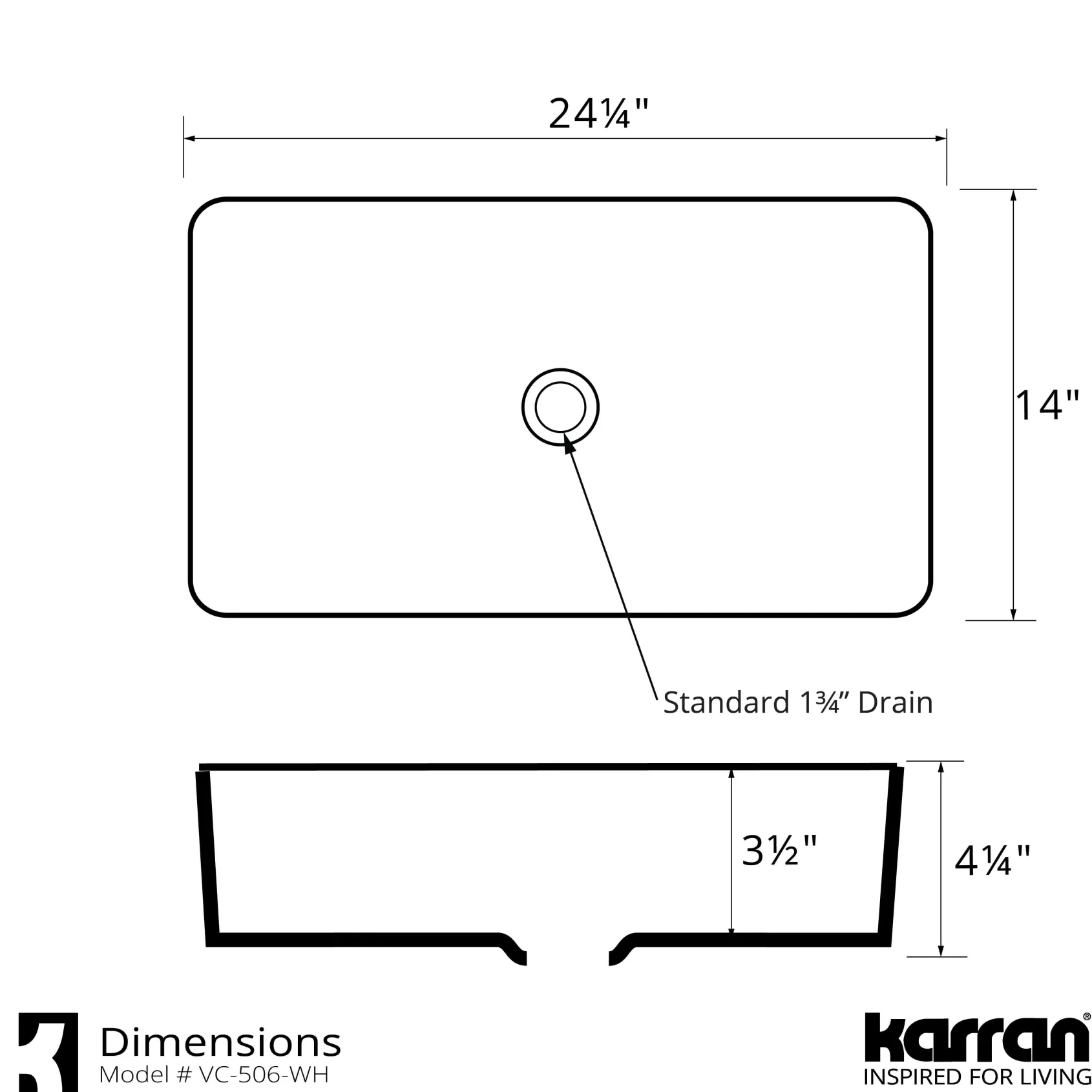 Karran Valera 24.25" x 14" x 3.5" Rectangular Vessel Vitreous China ADA Bathroom Sink, White, VC-506-WH