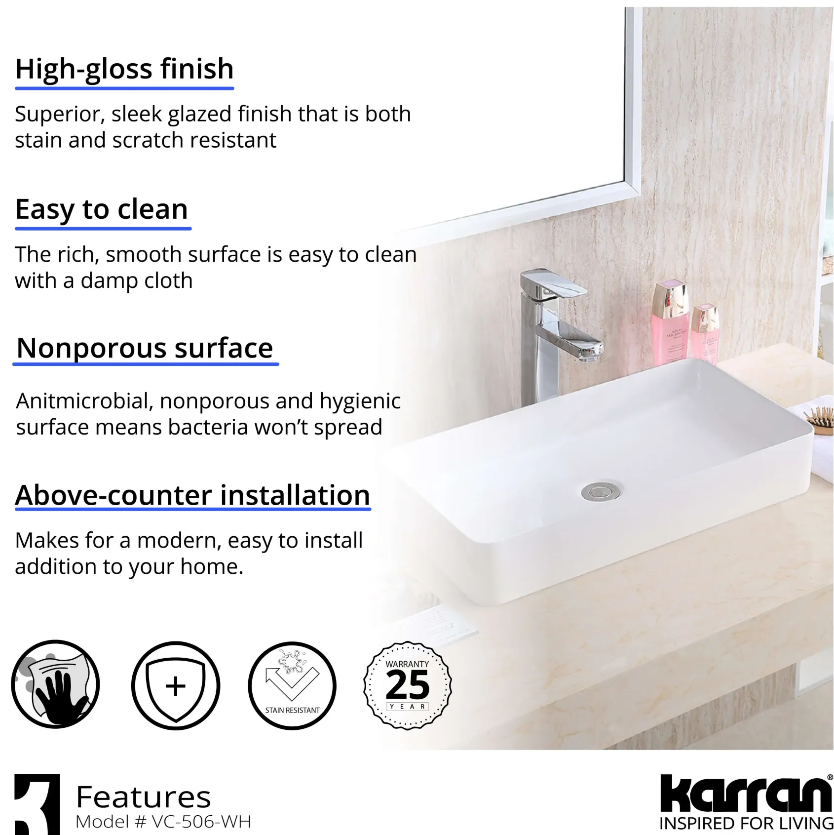 Karran Valera 24.25" x 14" x 3.5" Rectangular Vessel Vitreous China ADA Bathroom Sink, White, VC-506-WH
