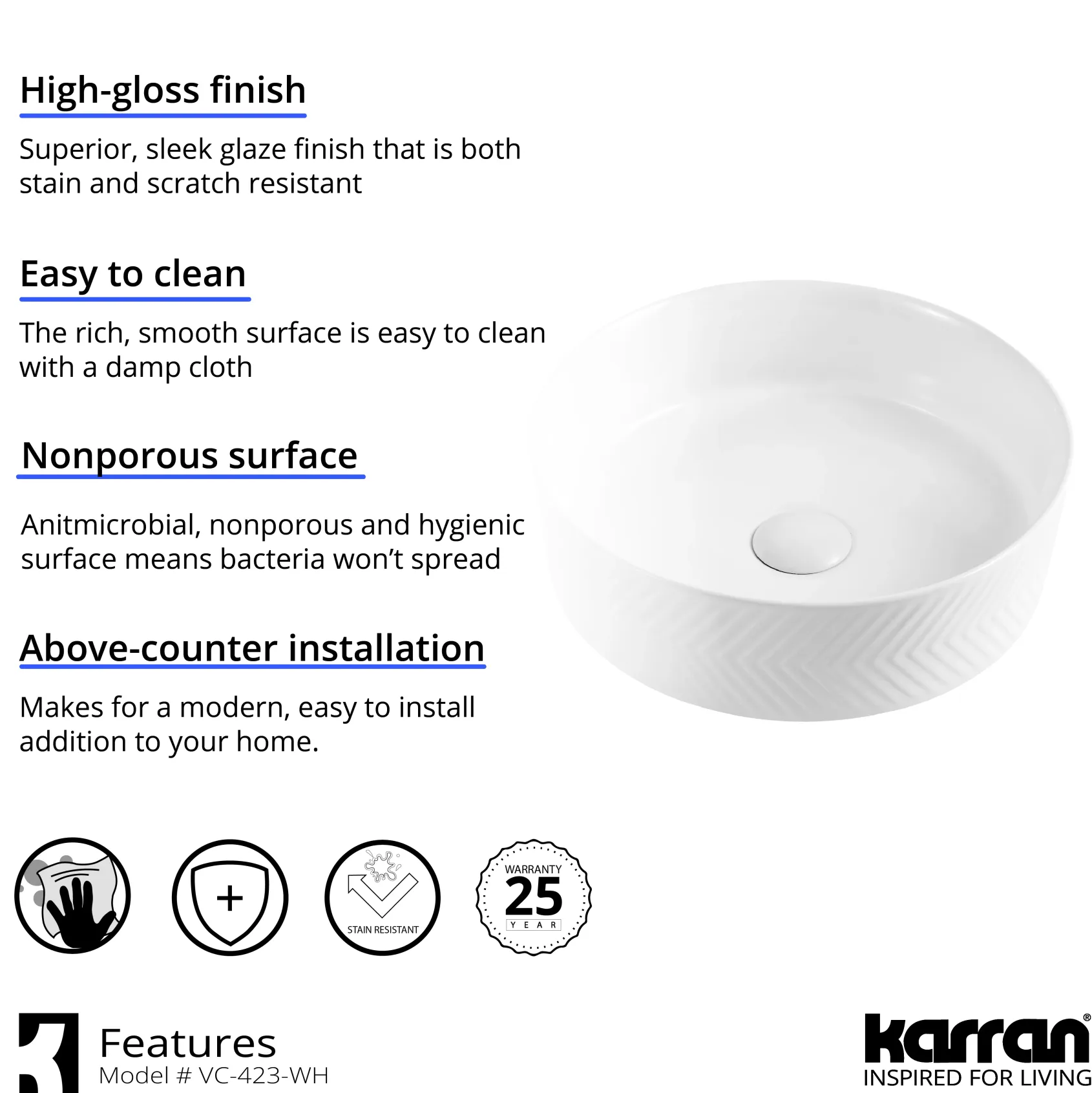 Karran Valera 14.125" x 14.125" x 4.25" Round Vessel Vitreous China ADA Bathroom Sink, White, VC-423-WH