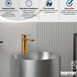 Karran Venda 1.2 GPM Single Lever Handle Lead-free Brass ADA Bathroom Faucet, Basin, Gold, KBF510G