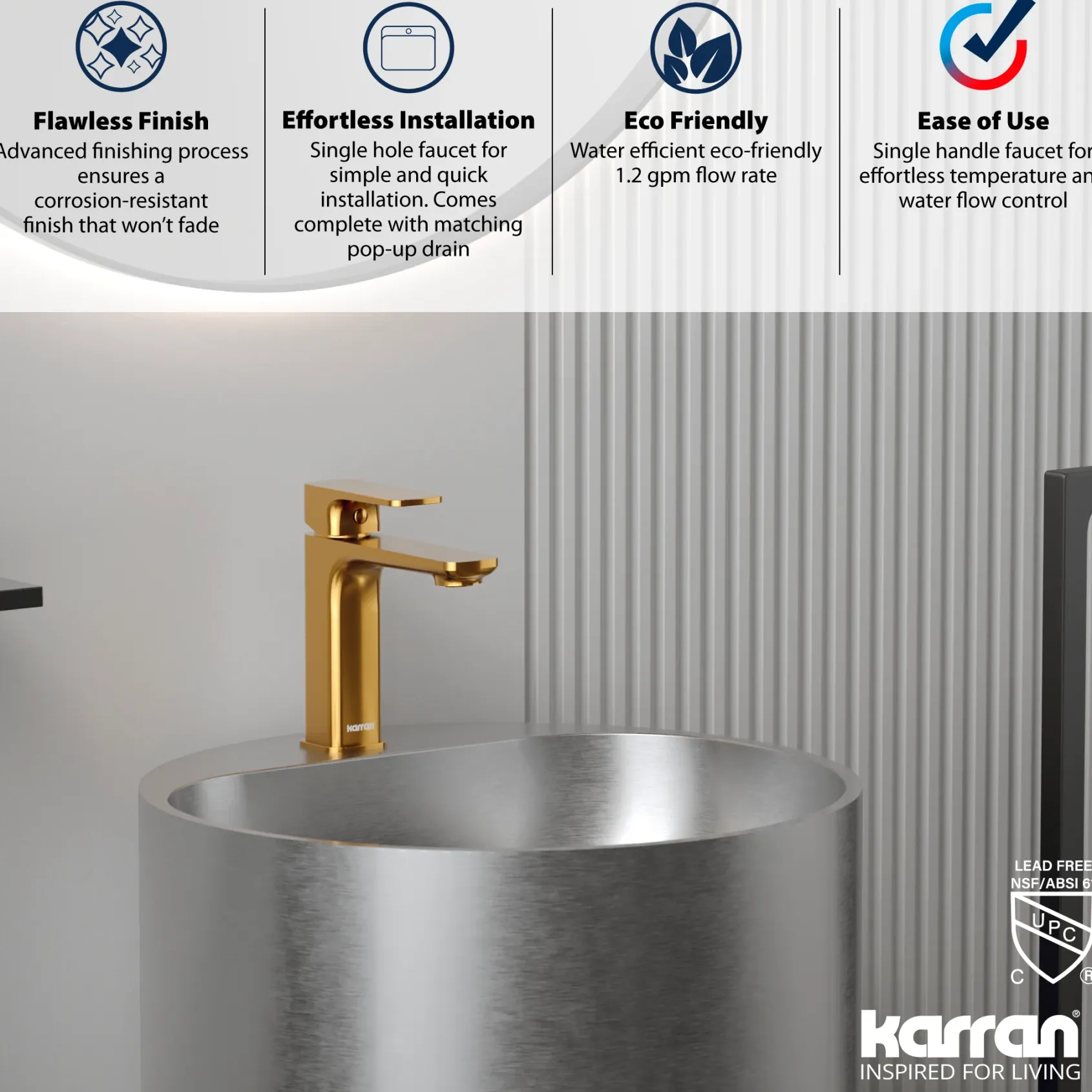 Karran Venda 1.2 GPM Single Lever Handle Lead-free Brass ADA Bathroom Faucet, Basin, Gold, KBF510G