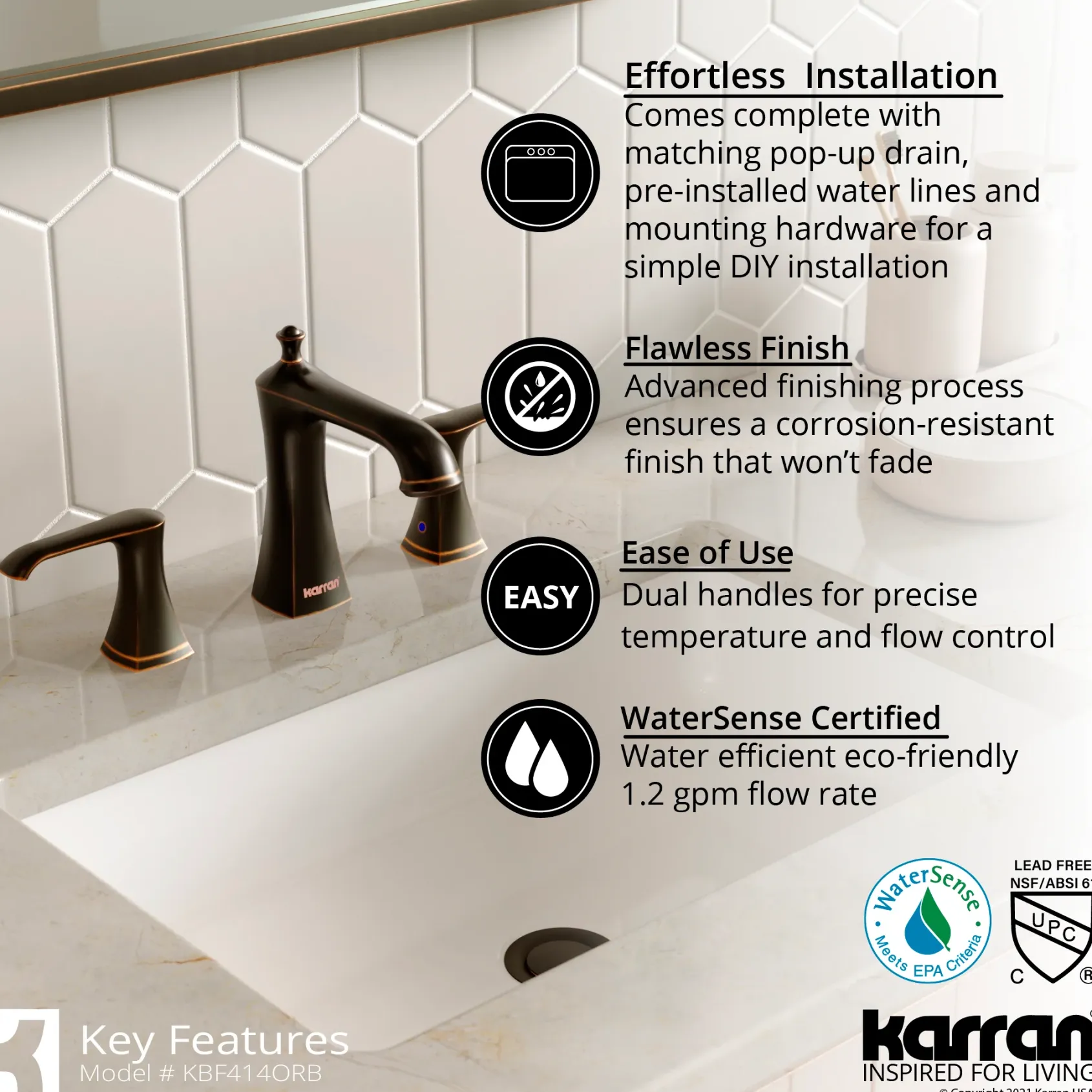 Karran Woodburn 1.2 GPM Double Lever Handle Lead-free Brass ADA Bathroom Faucet, Widespread, Oil Rubbed Bronze, KBF414ORB