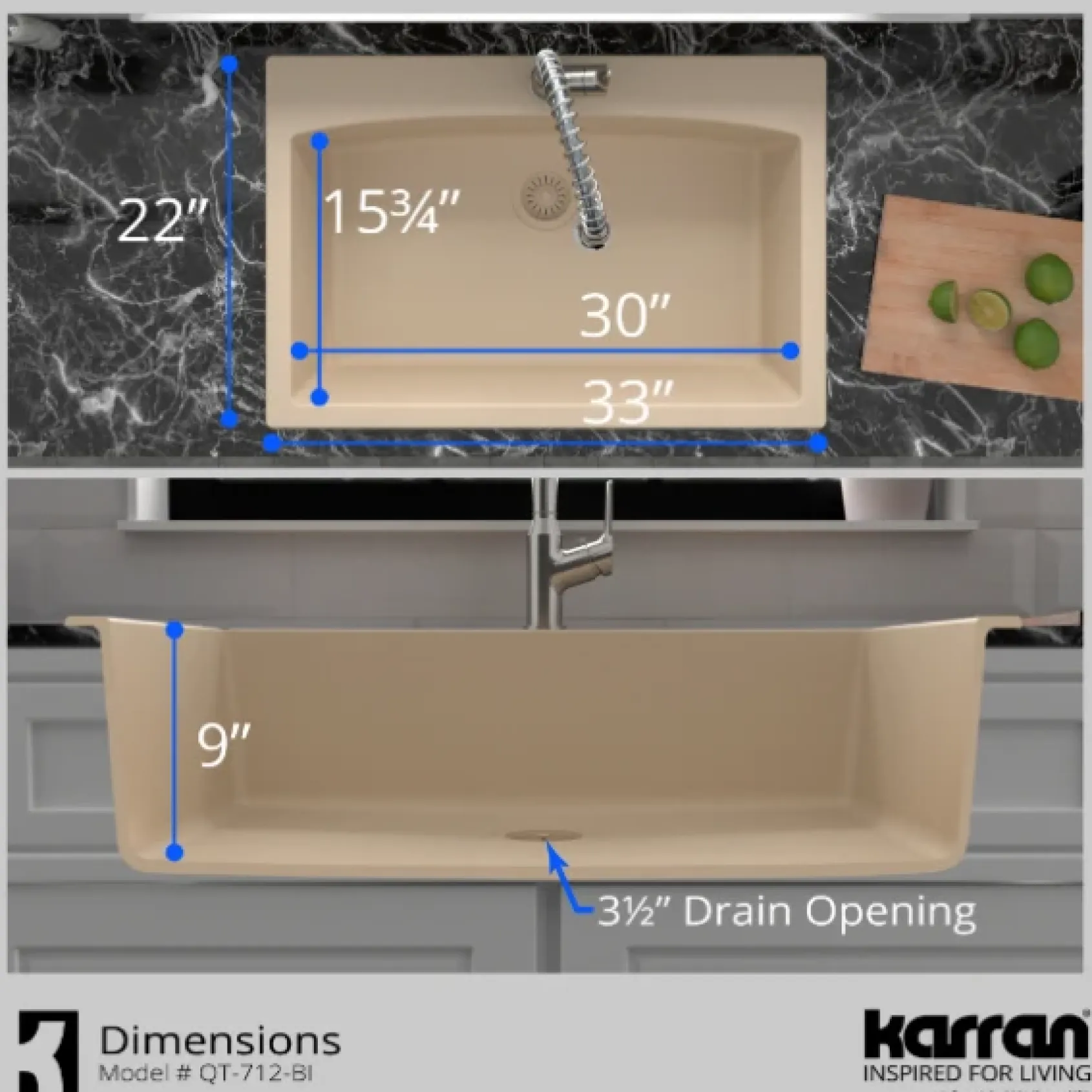 Karran 33" Drop In/Topmount Quartz Composite Kitchen Sink, Bisque, QT-712-BI-PK1