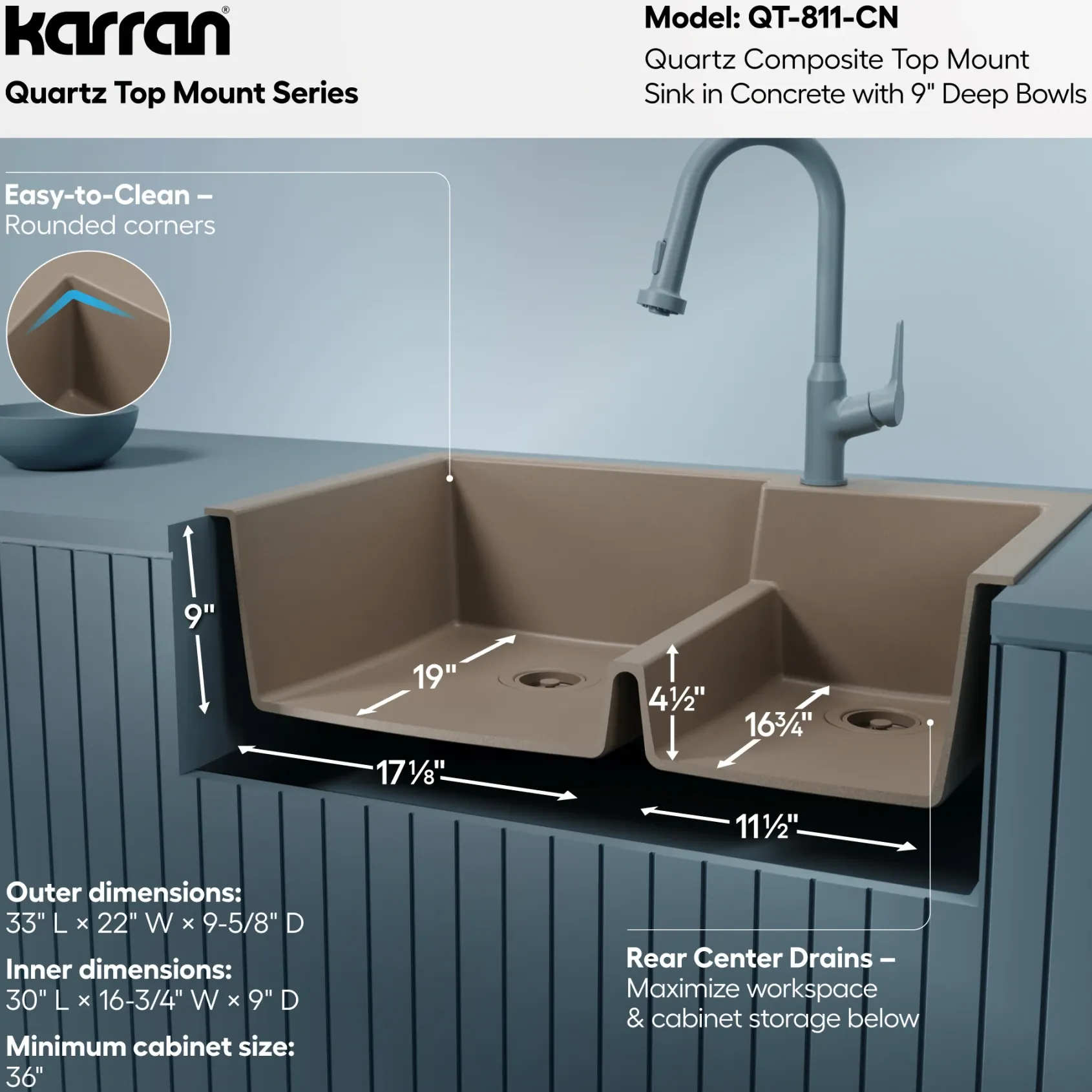 Karran 33" Drop In/Topmount Quartz Composite Kitchen Sink, 60/40 Double Bowl, Concrete, QT-811-CN