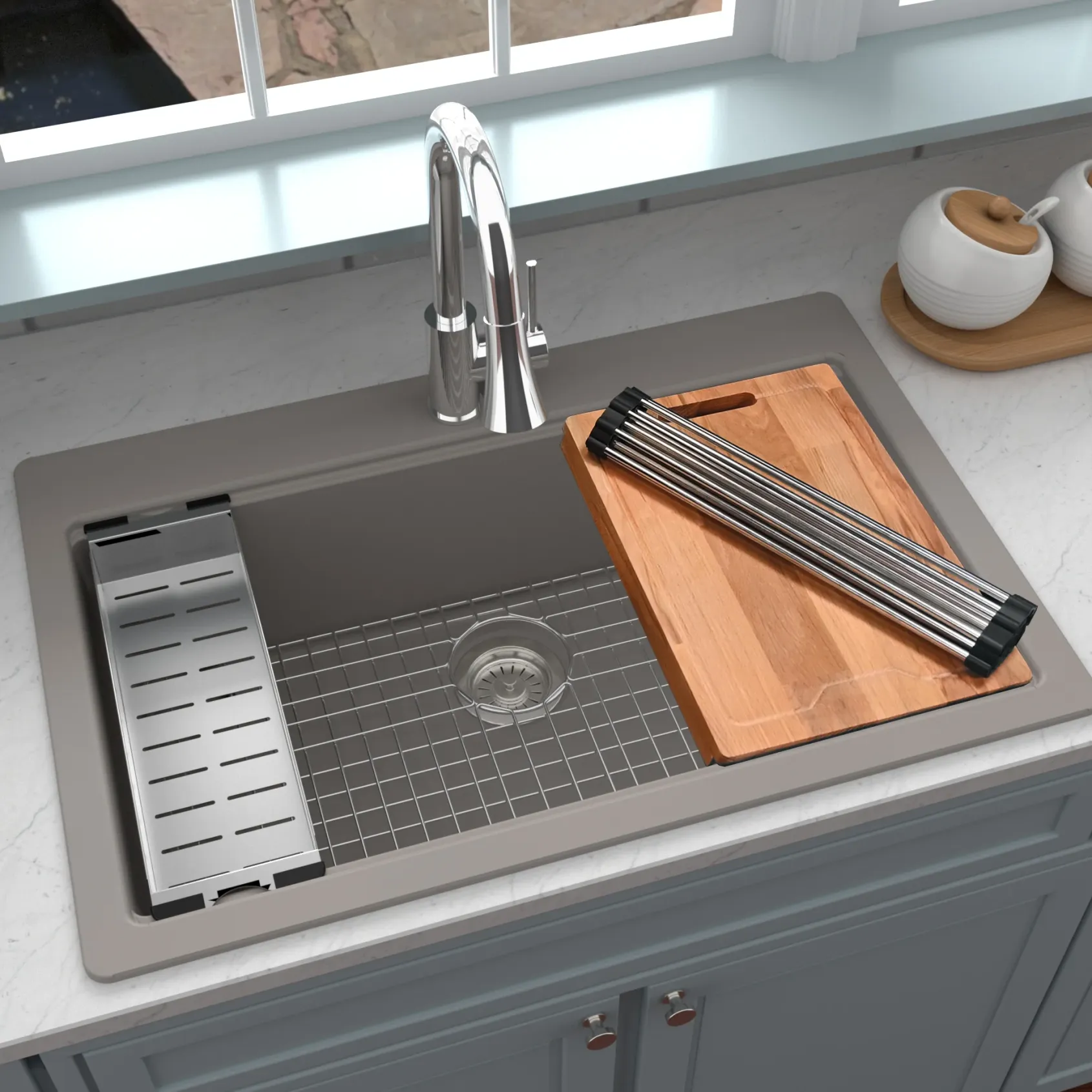 Karran 33" Drop In/Topmount Quartz Composite Workstation Kitchen Sink with Accessories, Concrete, QTWS-875-CN