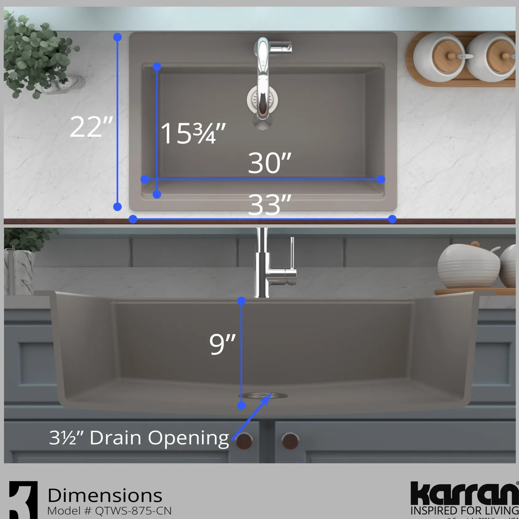 Karran 33" Drop In/Topmount Quartz Composite Workstation Kitchen Sink with Accessories, Concrete, QTWS-875-CN