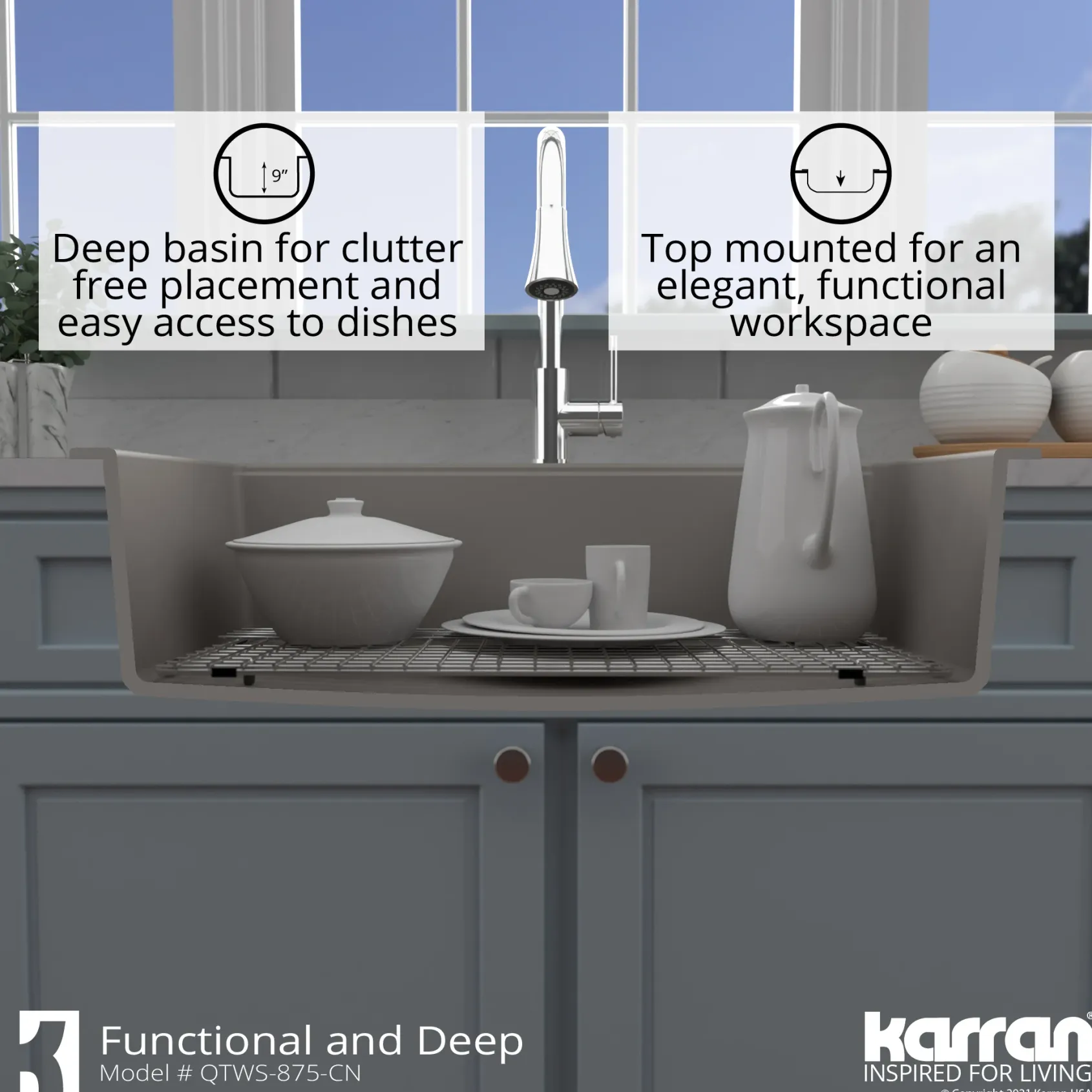 Karran 33" Drop In/Topmount Quartz Composite Workstation Kitchen Sink with Accessories, Concrete, QTWS-875-CN