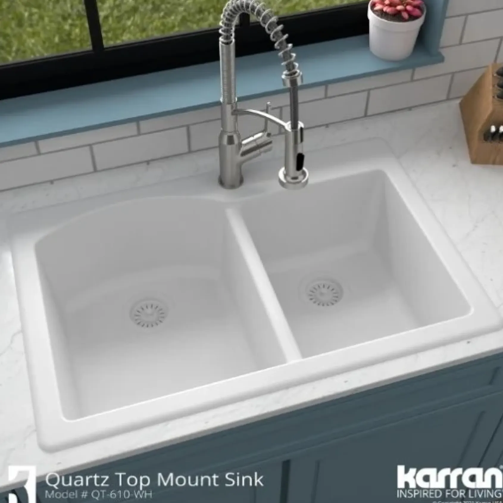 Karran 33" Drop In/Topmount Quartz Composite Kitchen Sink, 60/40 Double Bowl, White, QT-610-WH