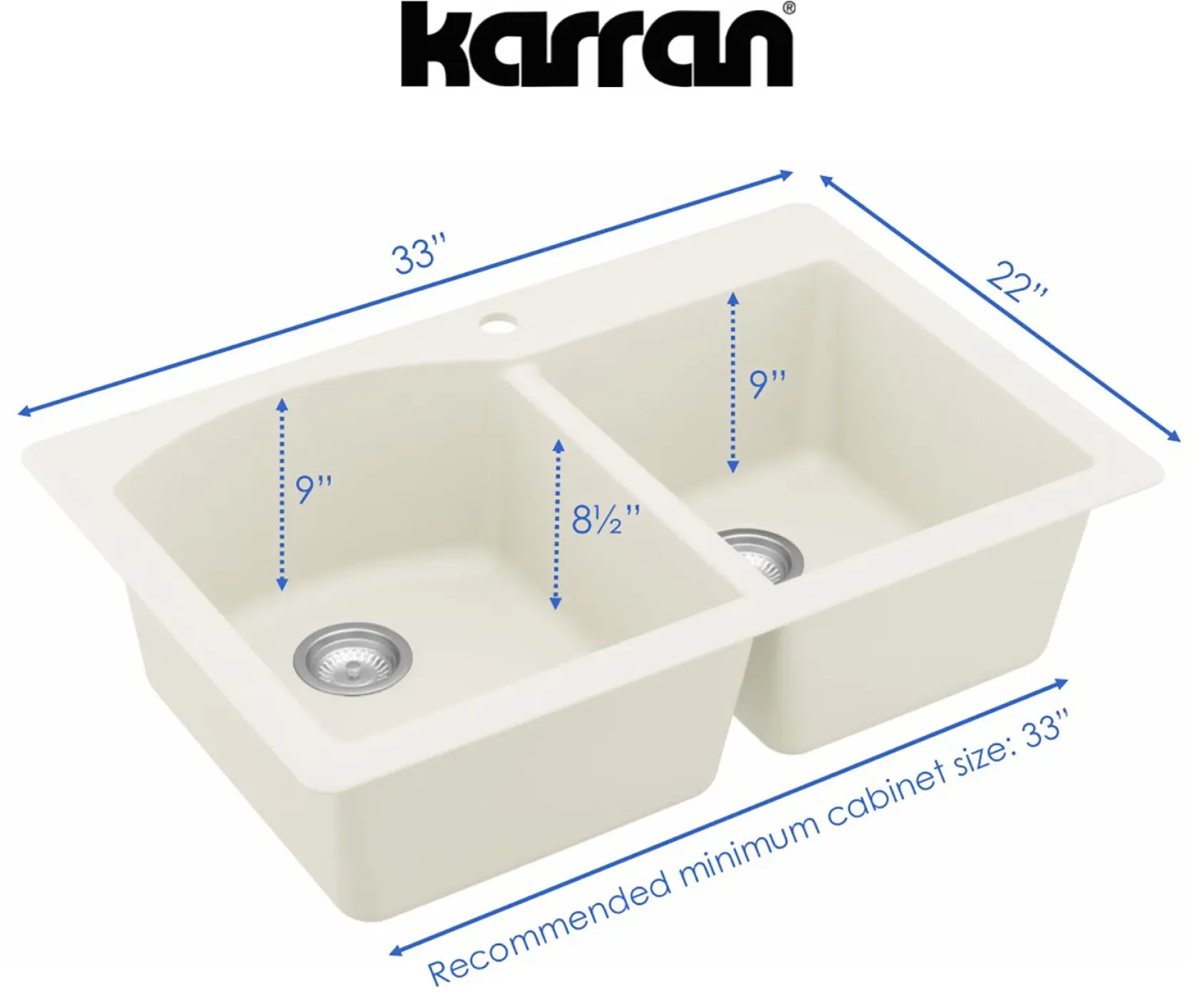 Karran 33" Drop In/Topmount Quartz Composite Kitchen Sink, 60/40 Double Bowl, White, QT-610-WH