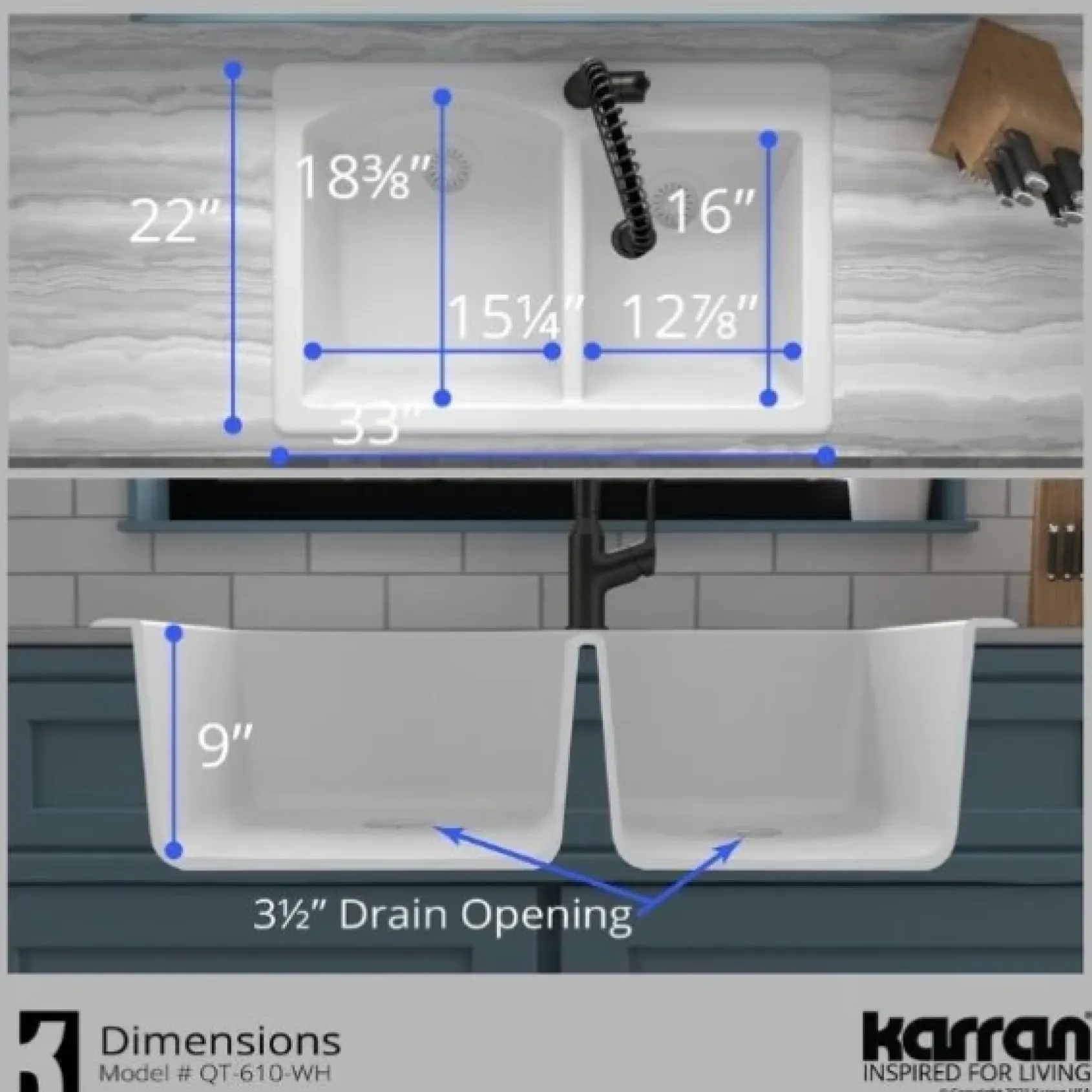 Karran 33" Drop In/Topmount Quartz Composite Kitchen Sink, 60/40 Double Bowl, White, QT-610-WH