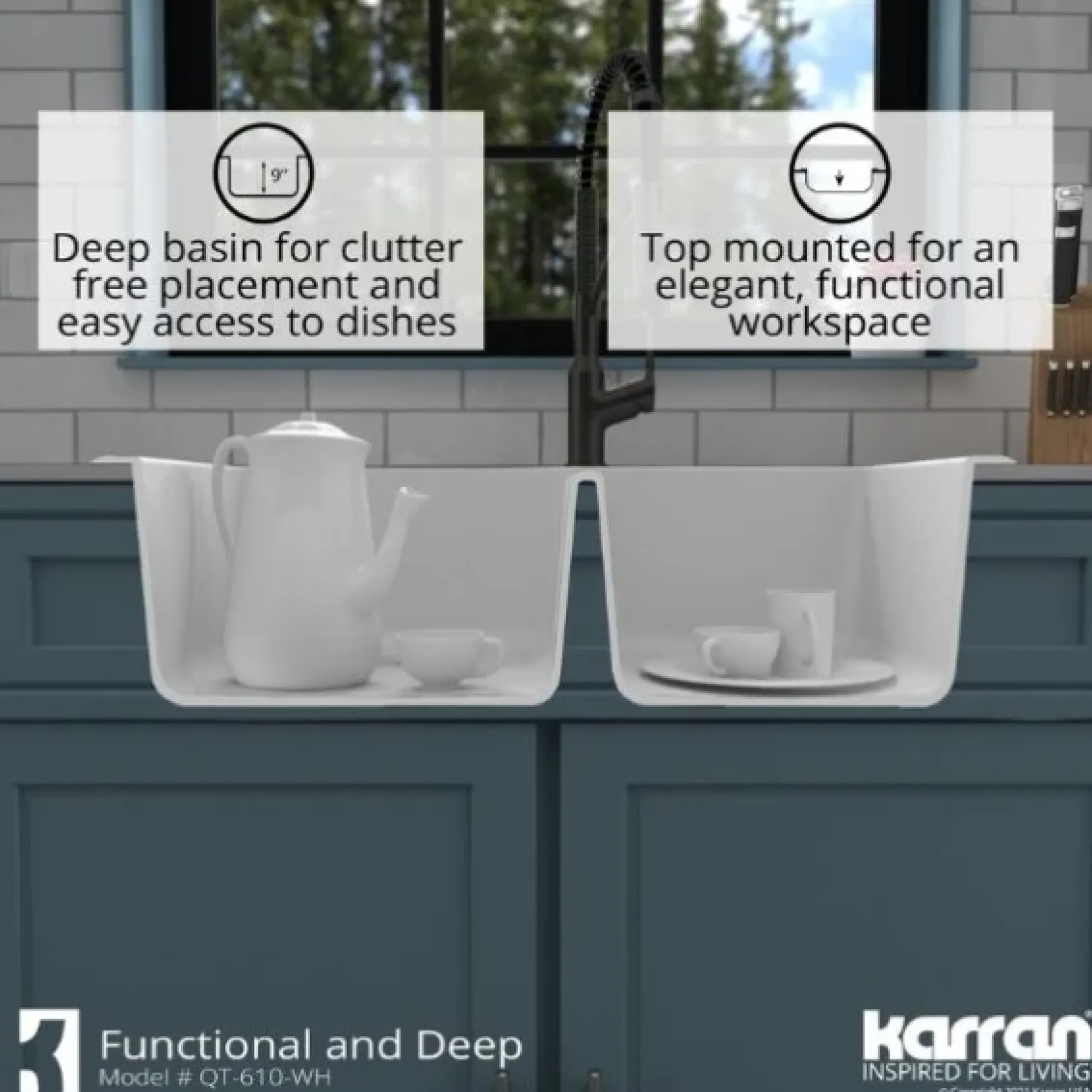 Karran 33" Drop In/Topmount Quartz Composite Kitchen Sink, 60/40 Double Bowl, White, QT-610-WH