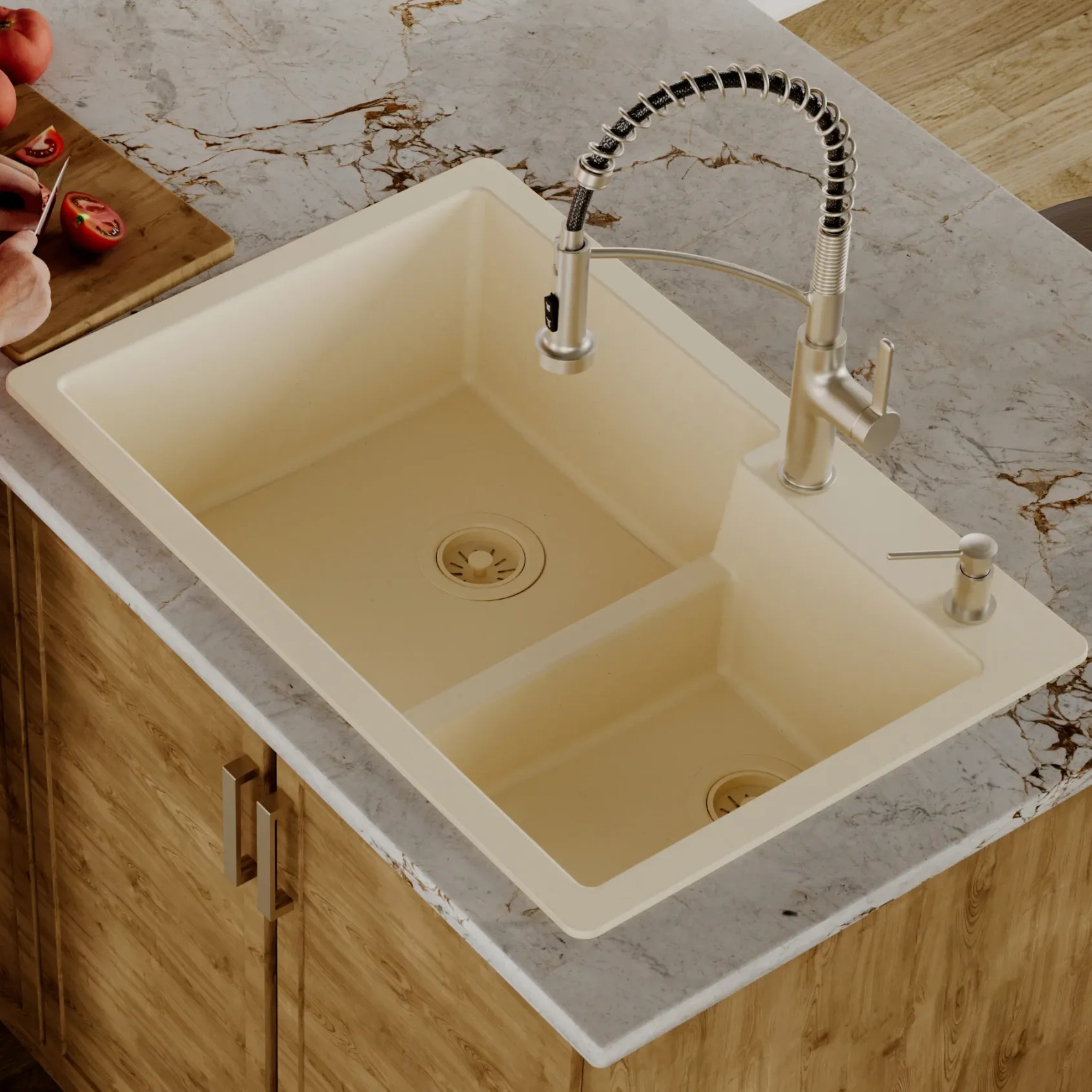 Karran 33" Drop In/Topmount Quartz Composite Kitchen Sink, 60/40 Double Bowl, Bisque, QT-811-BI