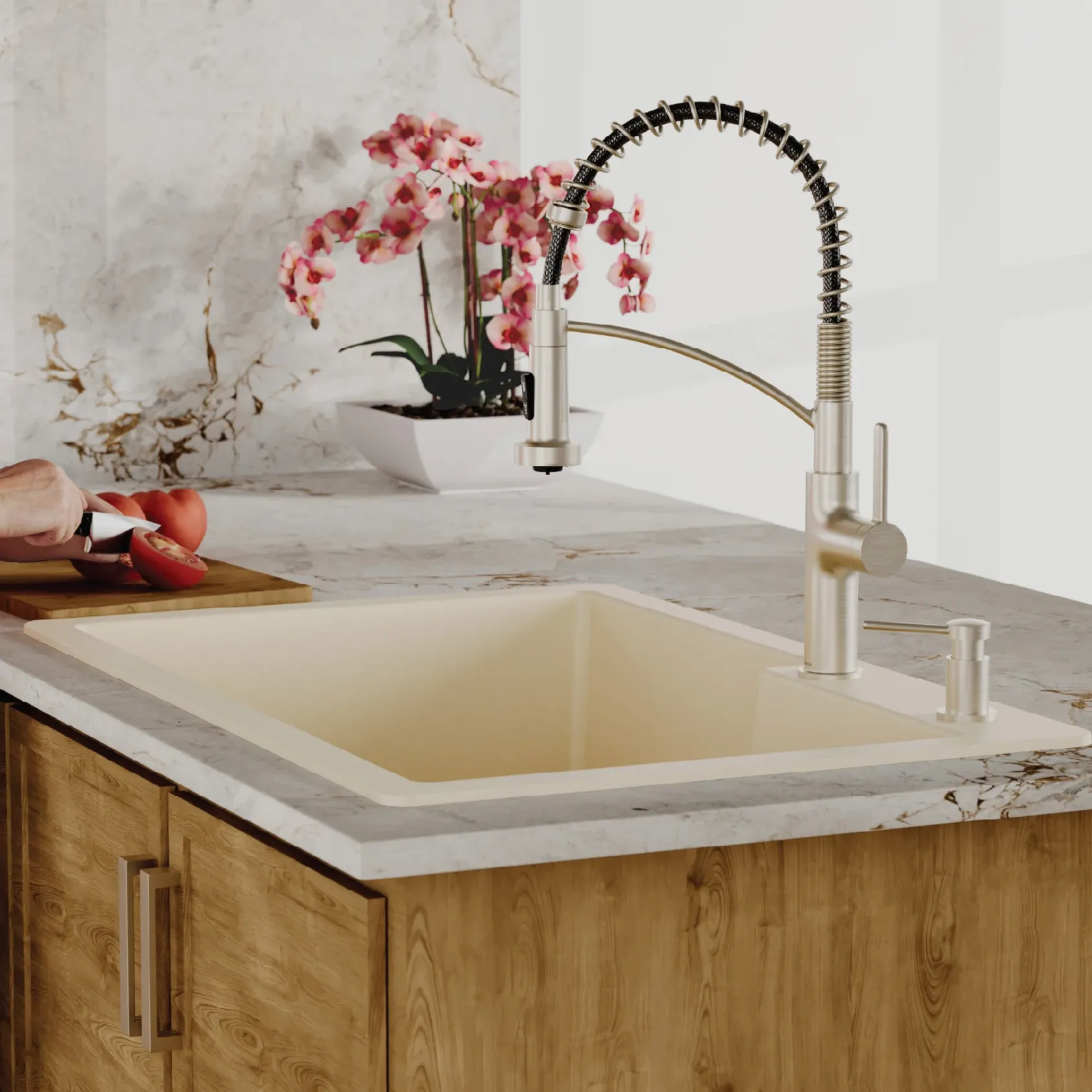 Karran 33" Drop In/Topmount Quartz Composite Kitchen Sink, 60/40 Double Bowl, Bisque, QT-811-BI