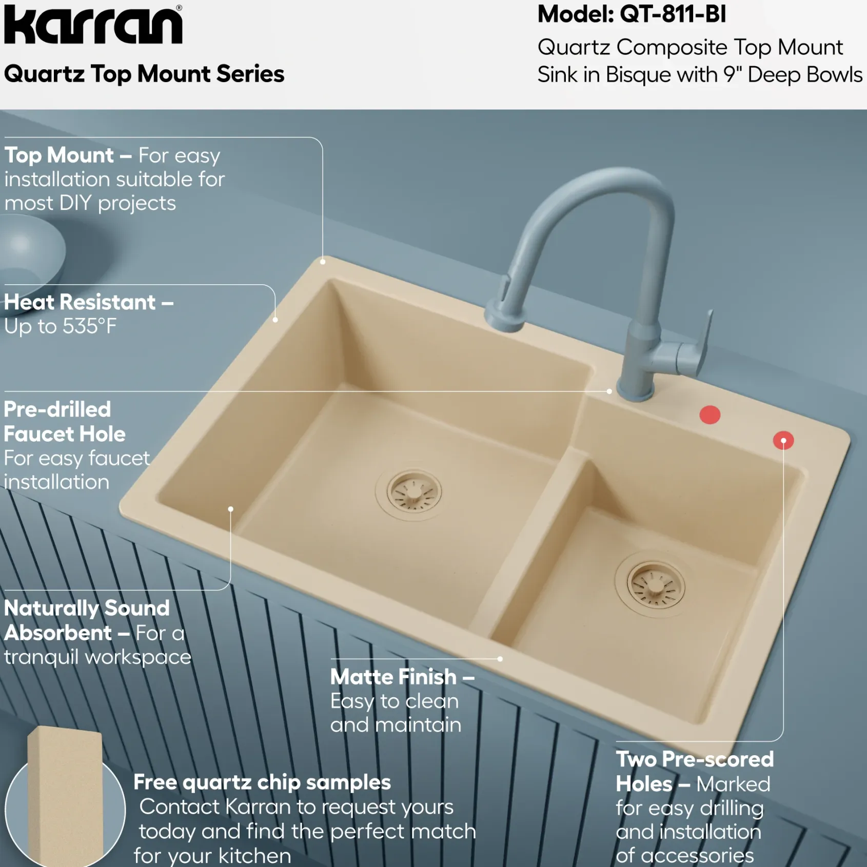 Karran 33" Drop In/Topmount Quartz Composite Kitchen Sink, 60/40 Double Bowl, Bisque, QT-811-BI